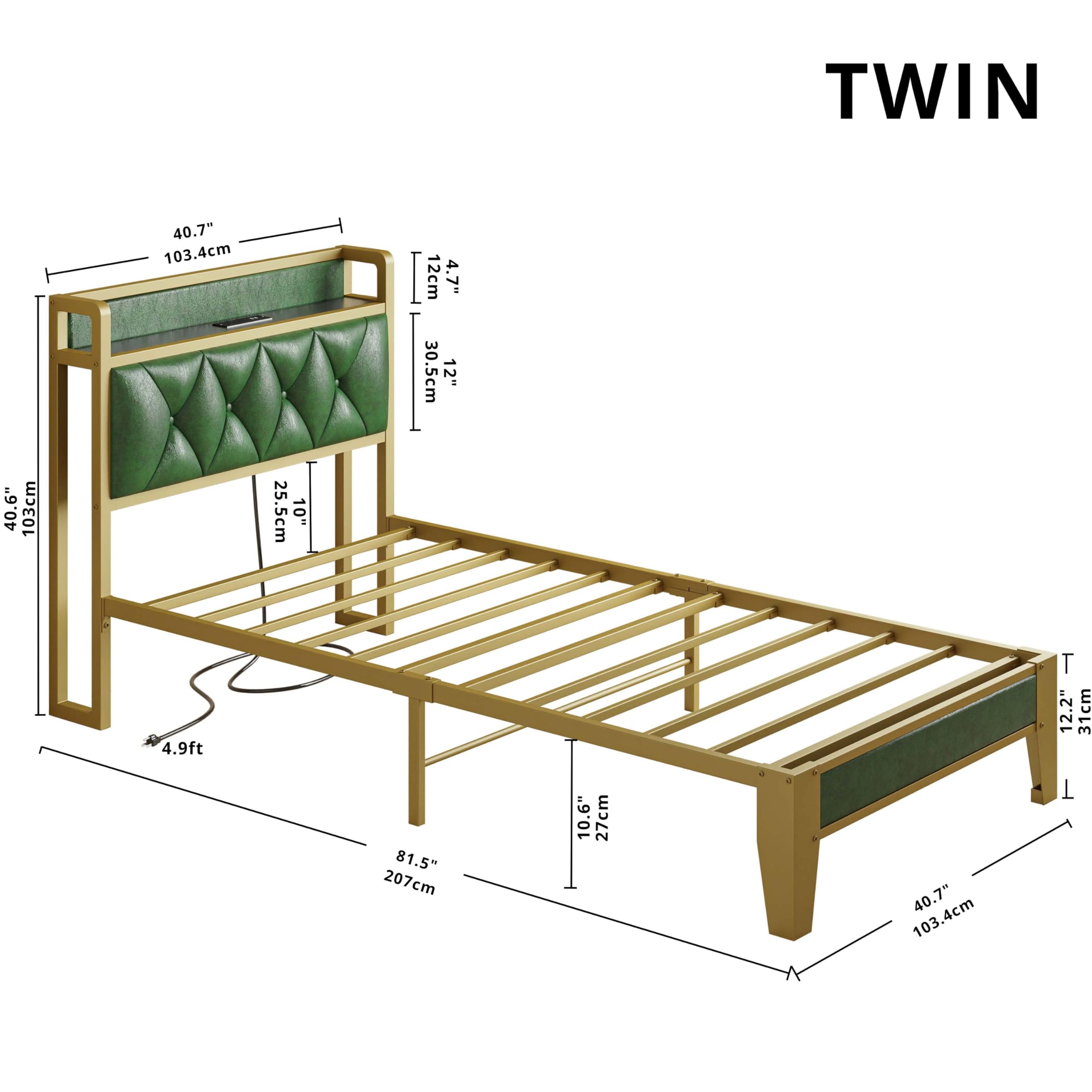ANCTOR Twin Bed Frame with Storage Headboard & USB Outlets - Easy Assembly, Sturdy Metal Platform Bed, No Box Spring Needed, Quiet & Stable - Perfect for Small Spaces, Dorms, Guest Rooms & Apartments (Emerald Green)