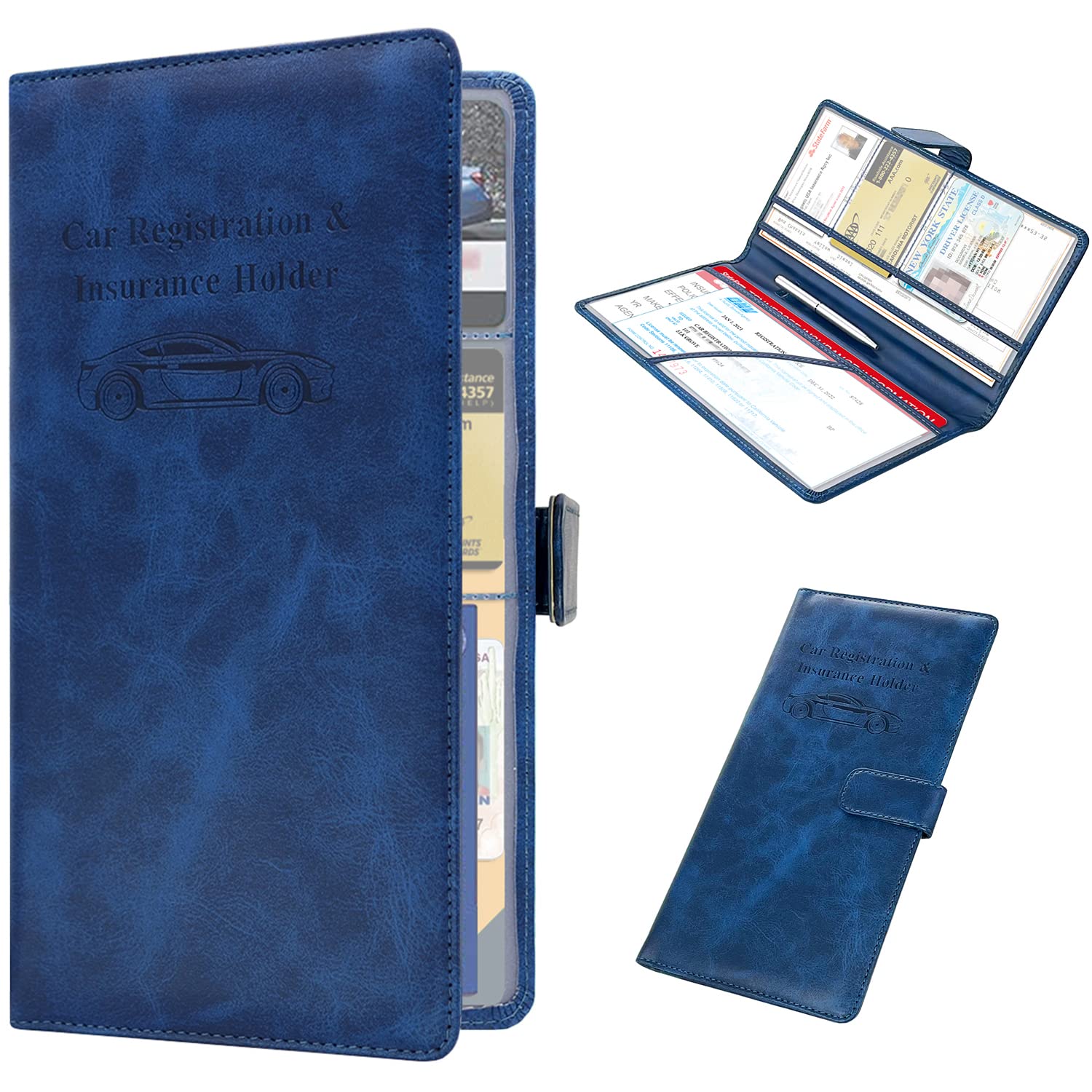 Premium Leather Car Glove Box Organizer - RSAquar Car Registration & Insurance Holder for ID, Driver's License & Essential Documents - Universal Car Accessories for Men & Women (Blue) - Perfect for Road Trips & Daily Commute Organization