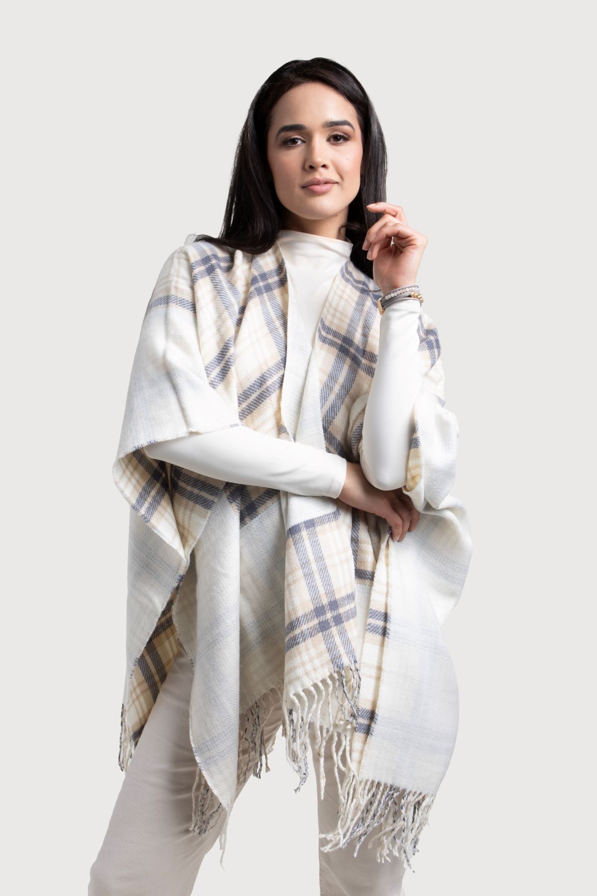 Stylish Border Plaid Ruana Wrap - Soft & Cozy Oversized Shawl for Women - Perfect for Fall & Winter Fashion, Outdoor Activities, and Layering Outfits
