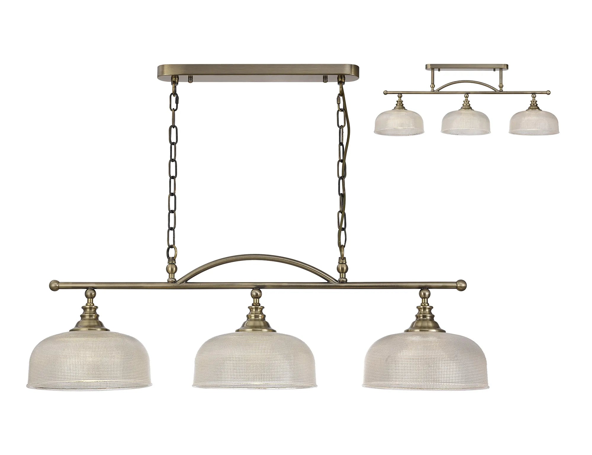 Cleron Semi Flush Mount Ceiling Light - Adjustable 2/3 Light Kitchen Lighting Fixture with E27 Socket in Satin Nickel, Polished Nickel & Antique Brass Finish - Prismatic Glass Shade for Dining Room, Bedroom or Hallway Lighting