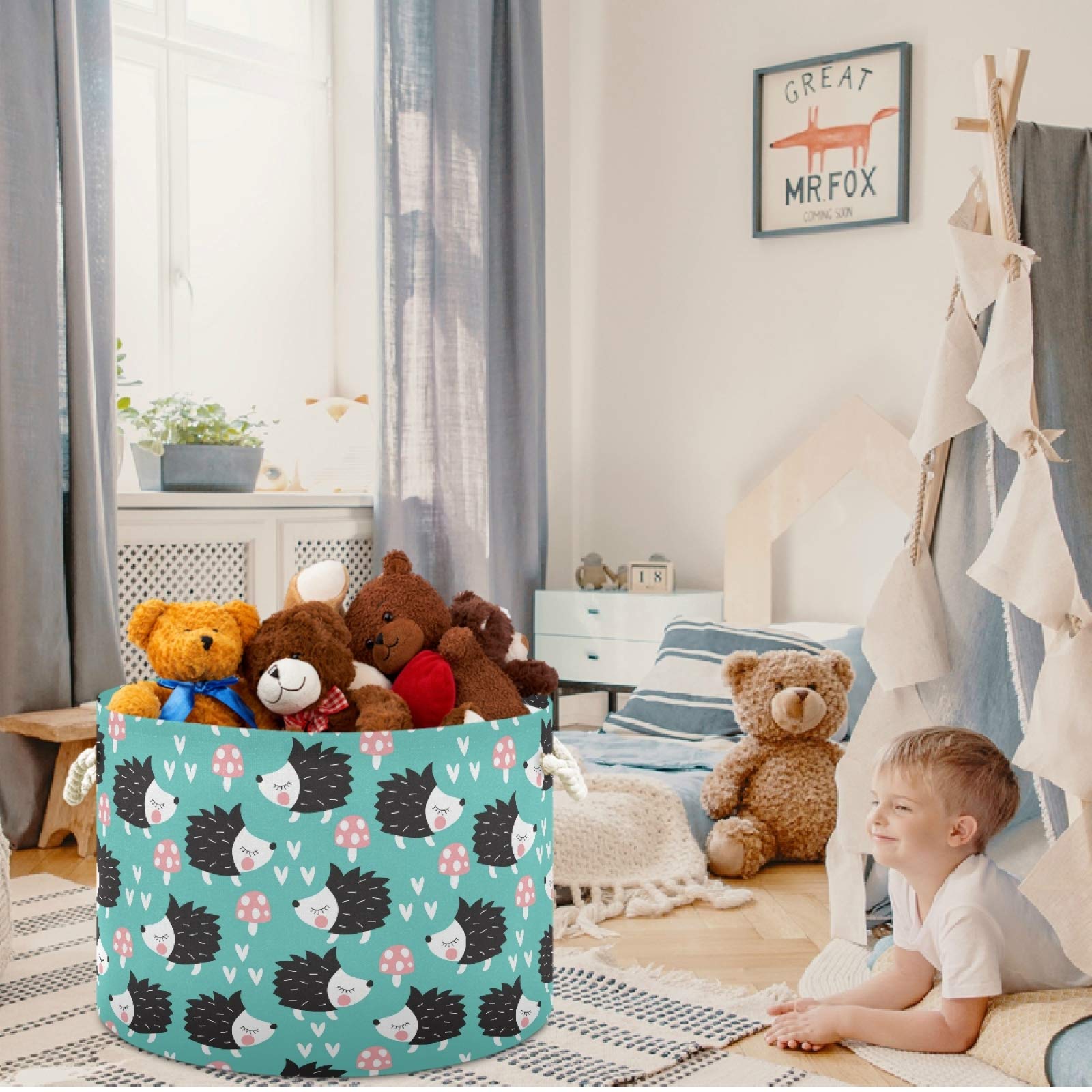 Visesunny Hedgehog Heart Mushroom Cartoon Storage Basket - Waterproof Canvas Fabric Toy Organizer Bin, Nursery Hamper & Laundry Basket for Kids Room, Playroom, Shelves - Perfect for Toy Storage, Clothes Organization & Gift Giving