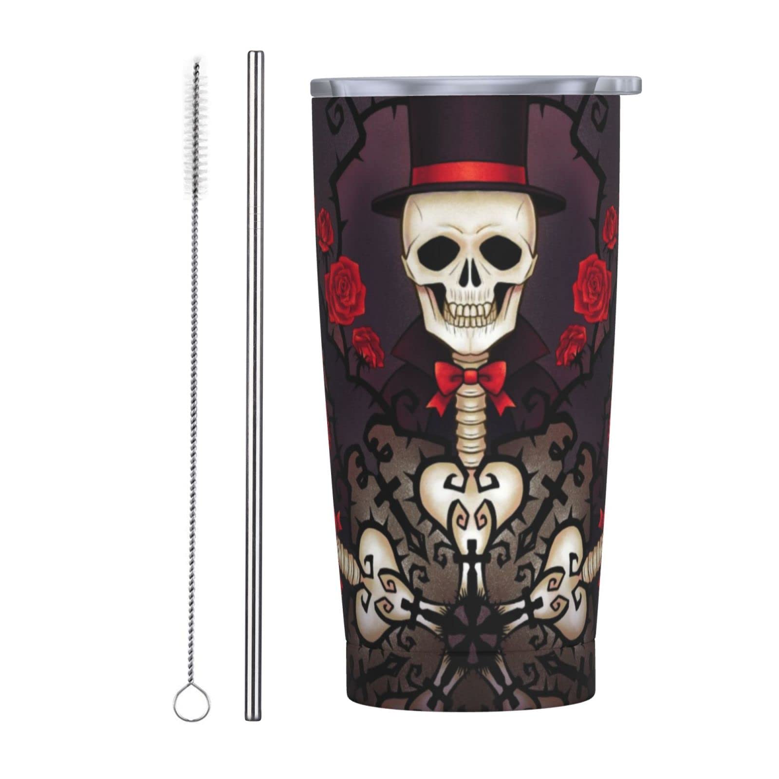 20oz Vacuum Insulated Stainless Steel Travel Mug with Lid & Straw - Leak Proof Coffee Tumbler for Hot/Cold Beverages, Mexican Sugar Skulls Day of The Dead Design - Perfect for Commuting, Office, Gym & Outdoor Activities