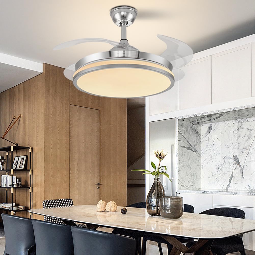 42 Inch Retractable Blade Ceiling Fan with Remote Control & LED Light - Silent Motor, Modern Chandelier Fan for Bedroom, Living Room, and Dining Room