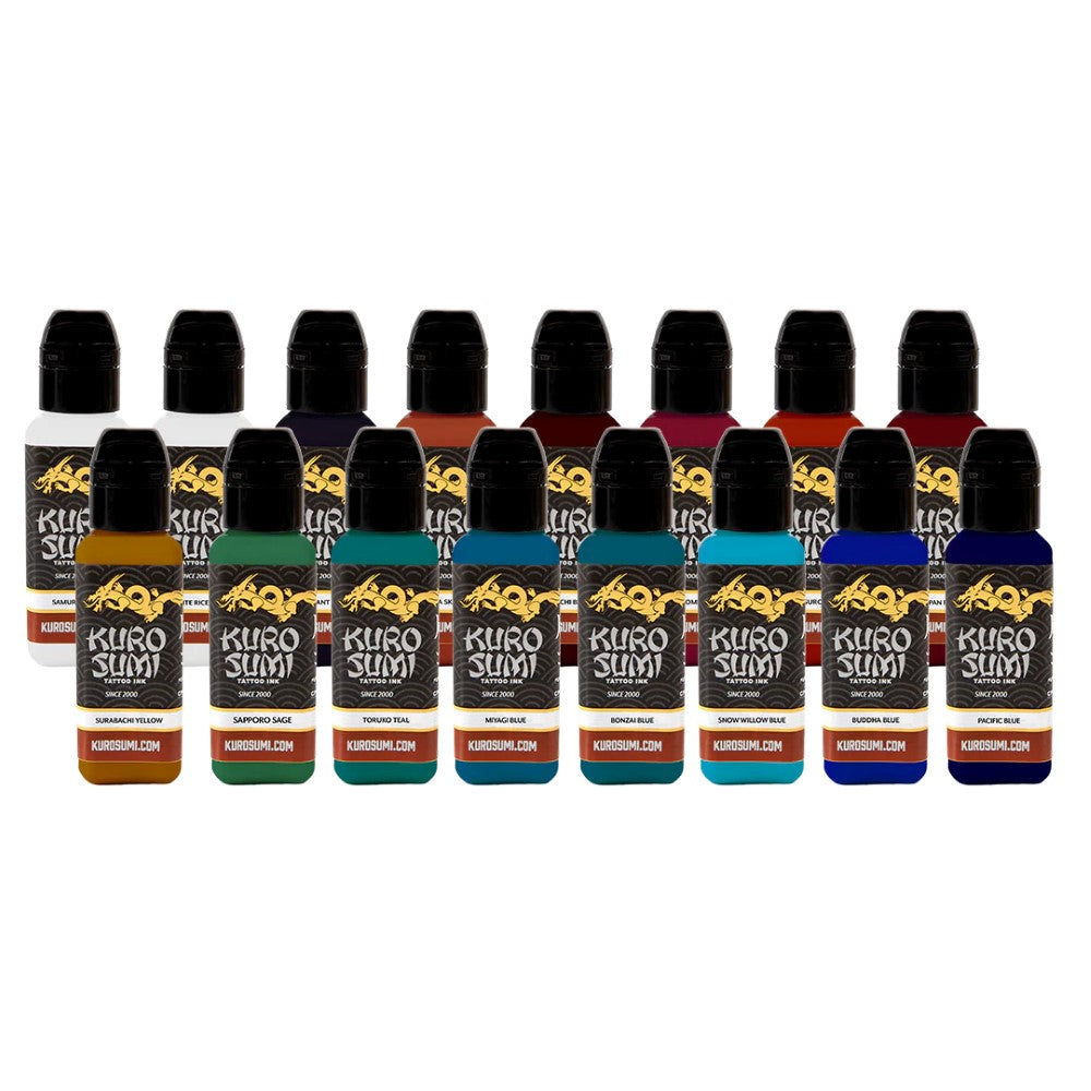 Kuro Sumi Tattoo Ink - 16 Color Primary Set #3 (Various Sizes Available) - Professional Tattoo Art Supplies for Artists & Beginners