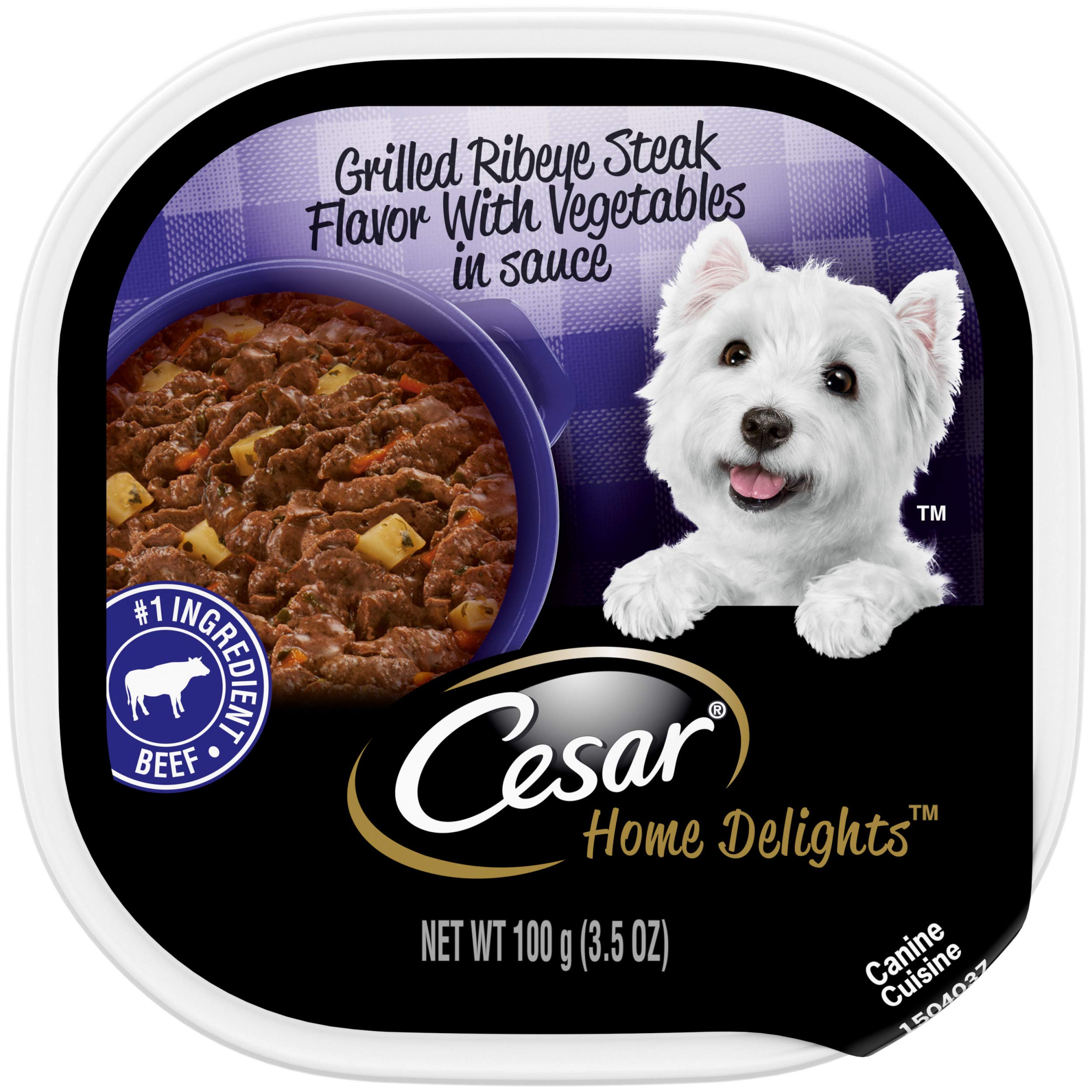 Premium CESAR HOME DELIGHTS Adult Wet Dog Food - Grilled Ribeye Steak Flavor with Vegetables in Sauce, 3.5 oz Easy Peel Trays (Pack of 24) | High Protein Meal for Dogs | Perfect for Travel, Training & Senior Dogs