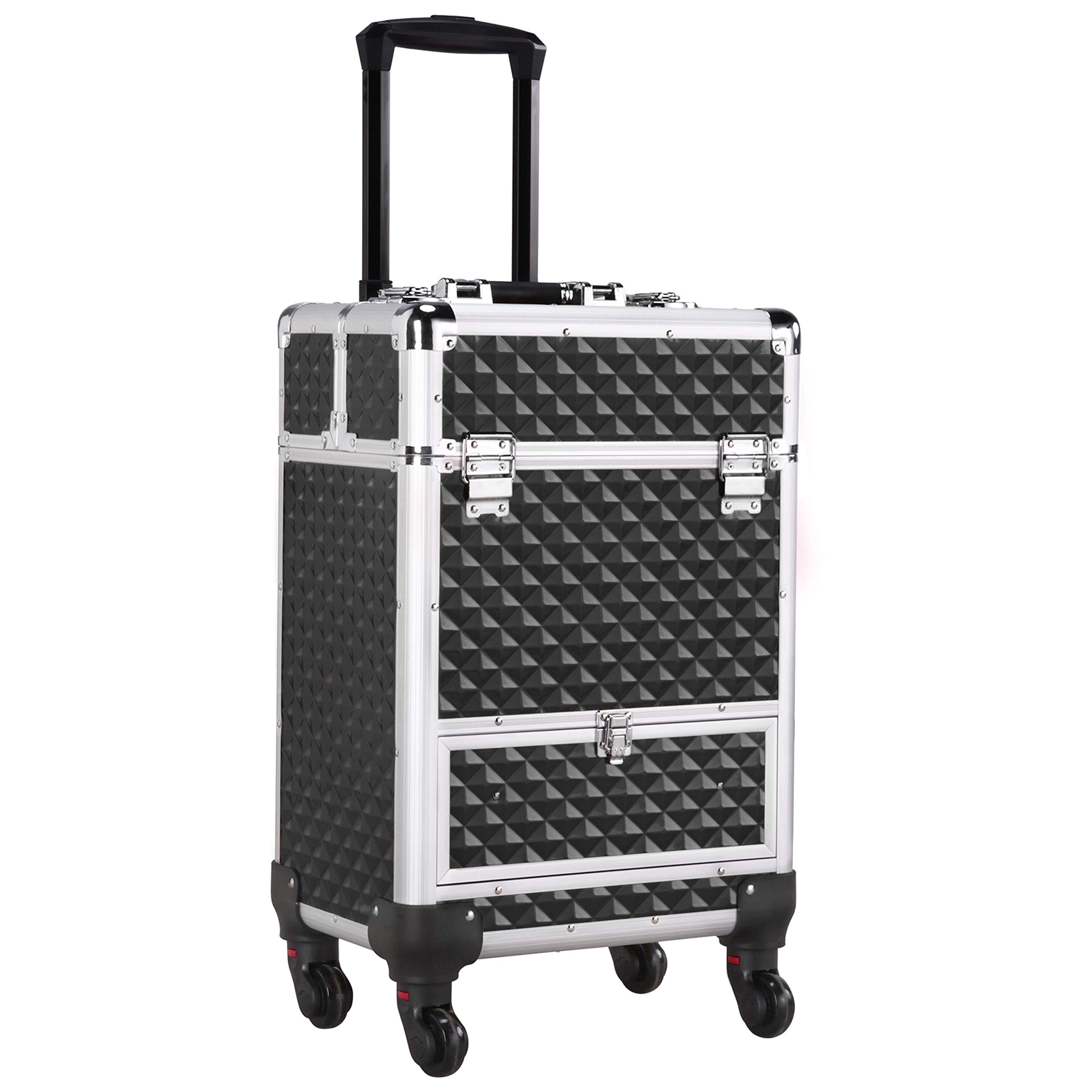 Topeakmart Professional Large Makeup Case with Wheels - Rolling Cosmetic Organizer Trolley with Drawers & Locks - Portable Travel Train Case for Makeup Artists (Black) | Perfect for Salon, Bridal & On-Site Makeup Services