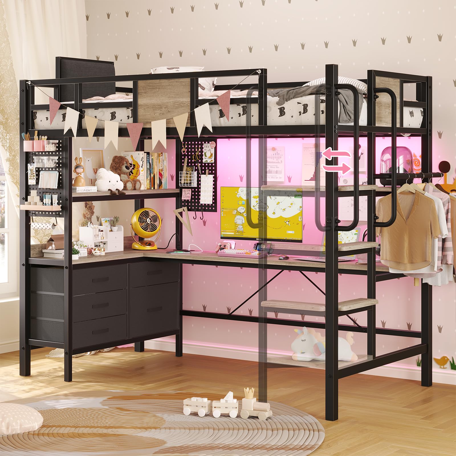 **Twin Size Loft Bed with L-Shaped Desk & Storage - Metal Bunk Bed Frame with Built-in Desk, LED Lights, Charging Station, 5 Drawers, 2 Pegboards & Clothes Rack - Noise-Free, Gray - Perfect for Small Spaces, Dorm Rooms & Kids' Bedrooms**