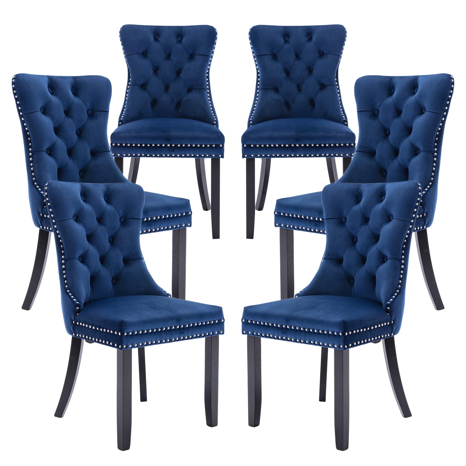 Luxury Velvet Upholstered Dining Chairs Set of 6 - Button Tufted Back with Nailhead Trim - Elegant Blue Velvet Dining Room Chairs for Kitchen, Bedroom, Restaurant - Perfect for Home Decor, Wedding, and Fine Dining