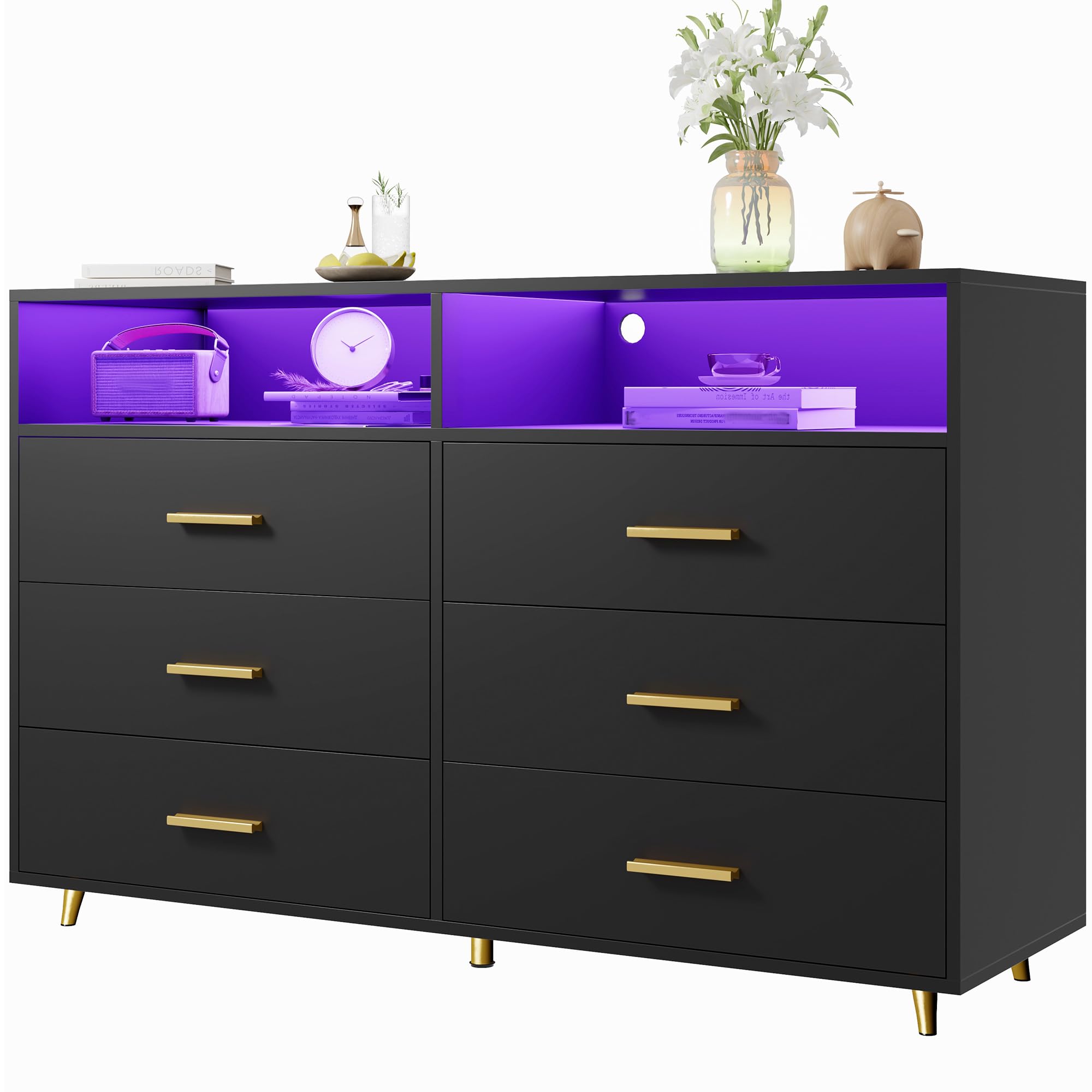 LED Wood Dresser for Bedroom - Wide Drawers, Metal Handles - Perfect for Clothes Storage & Entryway