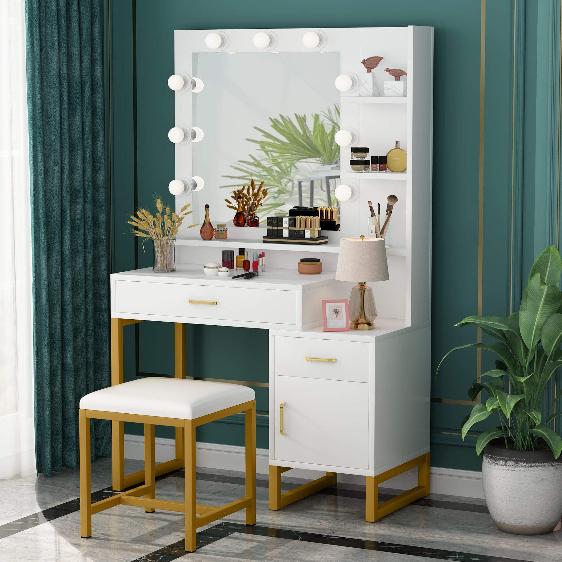 Tribesigns White and Gold Vanity Set with LED Lighted Mirror & Stool - 9-Light Makeup Dressing Table with Drawers, Storage Shelves & Cabinet for Women & Girls | Perfect for Bedroom, Boudoir & Beauty Room Organization