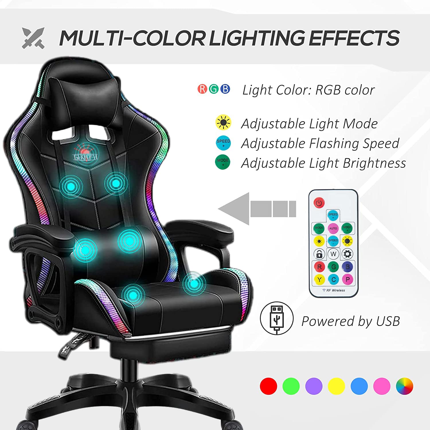 XOOFMASS Gaming Chair with Built-in Speakers & RGB LED Lights - Ergonomic Racing Office Chair, PU Leather Recliner with Lumbar Support - Perfect for Esports, Streaming & Home Office (Black)