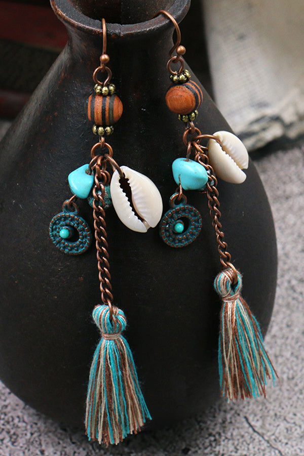 Handmade Vintage Wooden Bead Shell Tassel Earrings for Women - Boho Chic Dangle Earrings for Beach, Festival & Everyday Wear