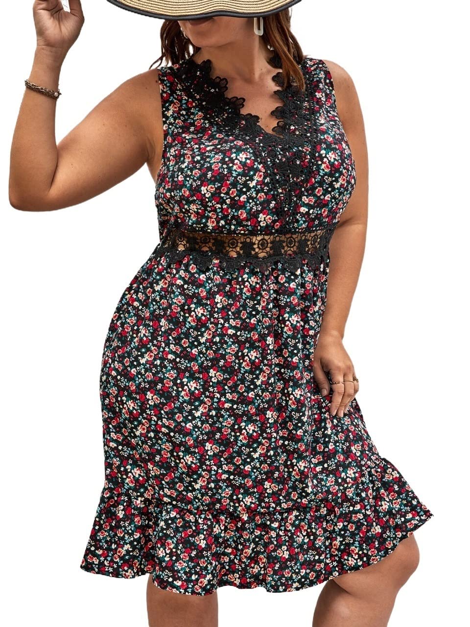 INOUJEKER Women's Plus Size Floral Lace Dress - XXL Flowy Bohemian Maxi Dress with Contrast Trim for Casual Wear, Parties & Special Occasions