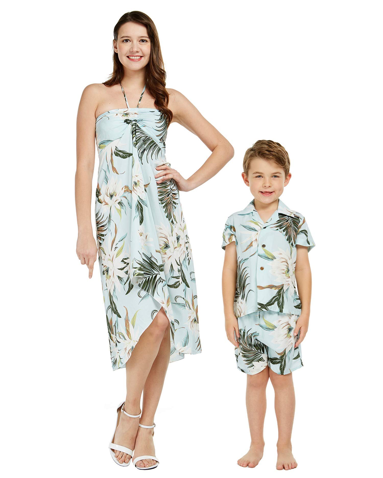 Stylish Matching Mother & Son Hawaiian Luau Outfits - Floral Aloha Shirt & Dress Set in Wispy Cereus Black | Perfect for Beach Vacations, Summer Parties & Family Photoshoots