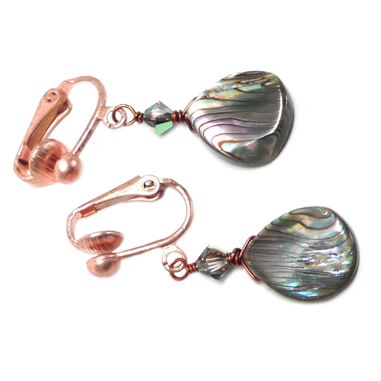 Elegant Abalone Teardrop Copper Earrings with Crystal Accents - Lever Back & Clip-On Options for Women | Perfect for Weddings, Parties & Special Occasions