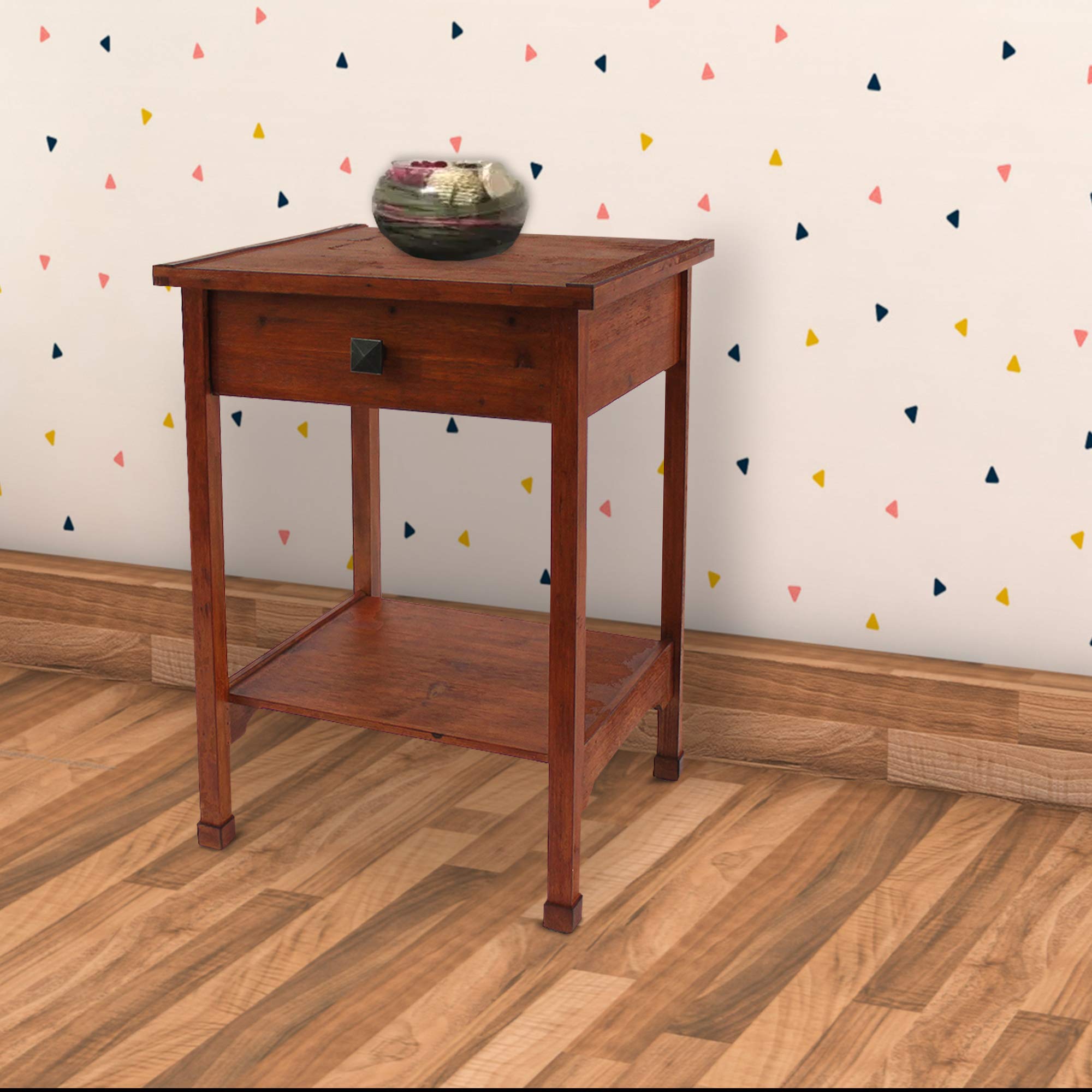 Rustic Wooden End Table with Drawer and Shelf - Solid Oak Side Table for Living Room, Bedroom, or Office - Brown Farmhouse Nightstand with Storage Space