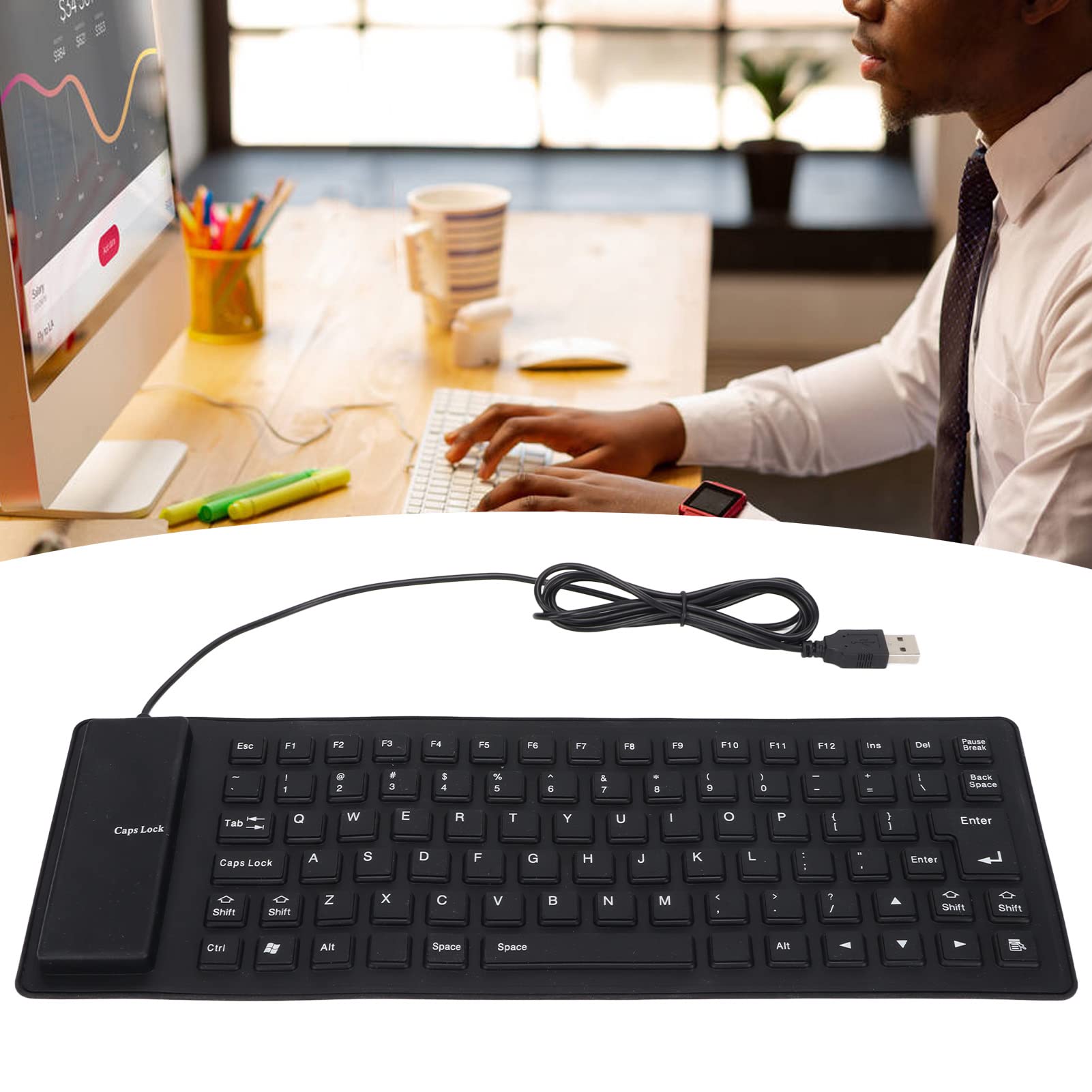 Foldable Silicone Keyboard - USB Wired Waterproof & Dustproof - 85 Keys Rollup Design for Laptop, PC, Notebook - Portable & Lightweight (Black) - Ideal for Travel, Office, Outdoor & Waterproof Environments