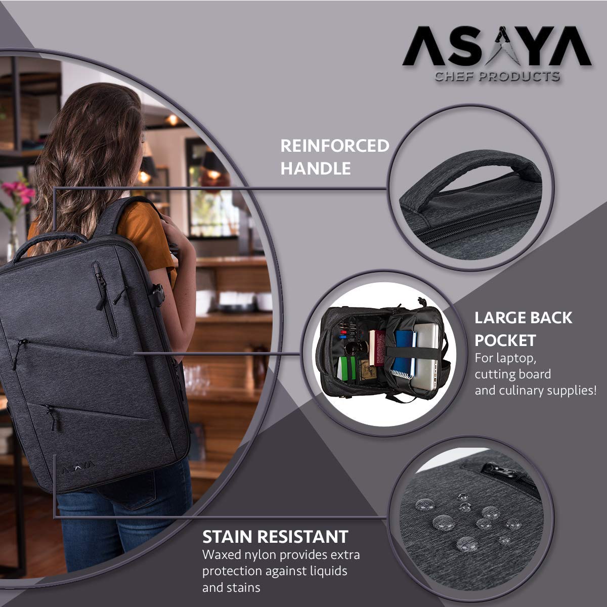 Asaya Professional Chef Knife Backpack with 20-Pocket Knife Roll Bag - Large Capacity Storage for Kitchen Knives & Utensils (30+ Pockets) - Water-Resistant Waxed Nylon with Padded Protection - Perfect for Chefs, Culinary Students & Cooking Enthusiasts (Knives Not Included) - Ideal for Restaurant Work, Culinary School & Outdoor Catering
