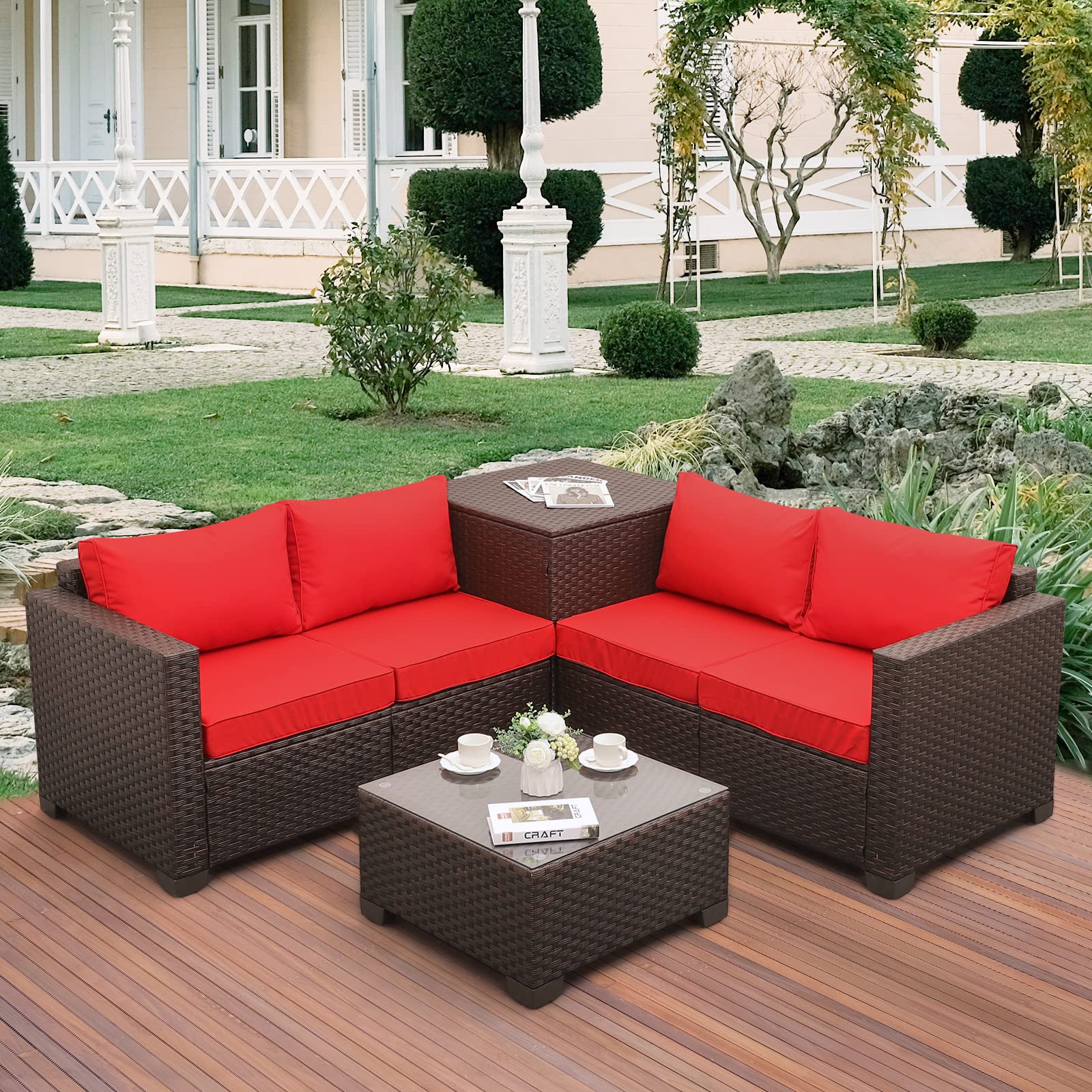 VALITA 4-Piece PE Wicker Patio Furniture Set - Outdoor Brown Rattan Sectional Sofa with Storage Box, Table & Red Cushions - Perfect for Garden, Poolside & Backyard Relaxation
