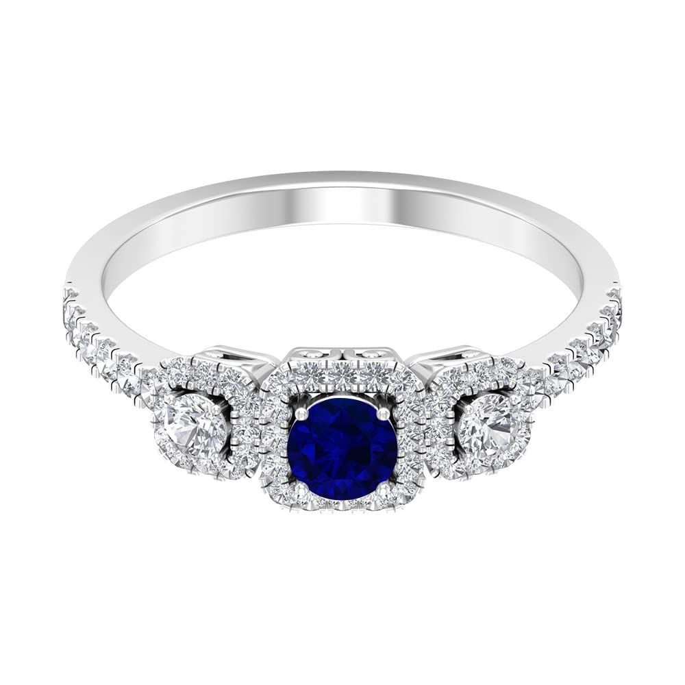 1 CT Natural Blue Sapphire and Diamond Three Stone Ring, 14K Solid Gold Vintage Engagement Ring for Women - Perfect for Weddings, Anniversaries & Special Occasions