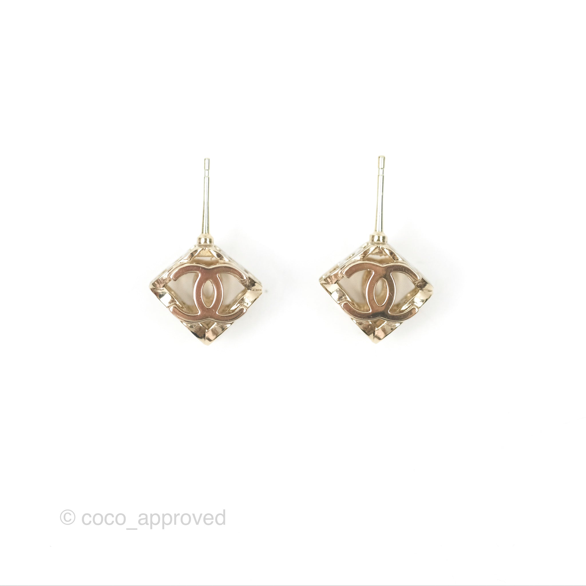 Chanel CC Gold and White Cube Earrings - 22K Gold Tone Fashion Jewelry for Women - Perfect for Parties, Weddings, and Special Occasions