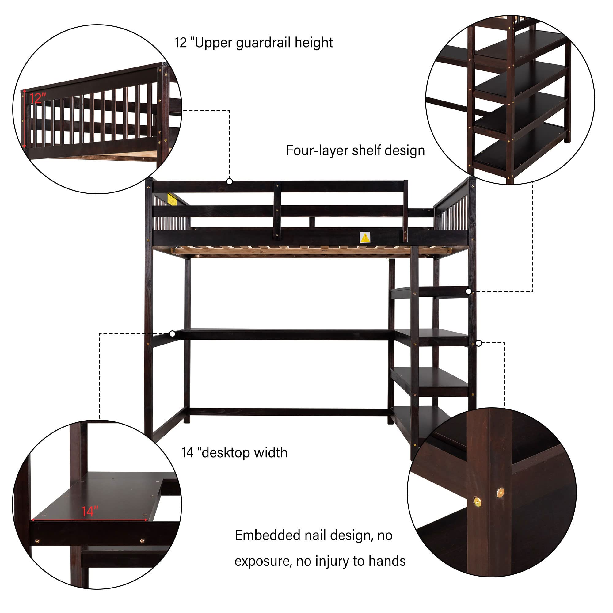 Merax Twin Size Wood Loft Bed with Desk & Shelves - Space-Saving Study Bed with Storage & Built-in Workstation, Espresso Finish - Perfect for Small Bedrooms, Dorm Rooms & Home Offices