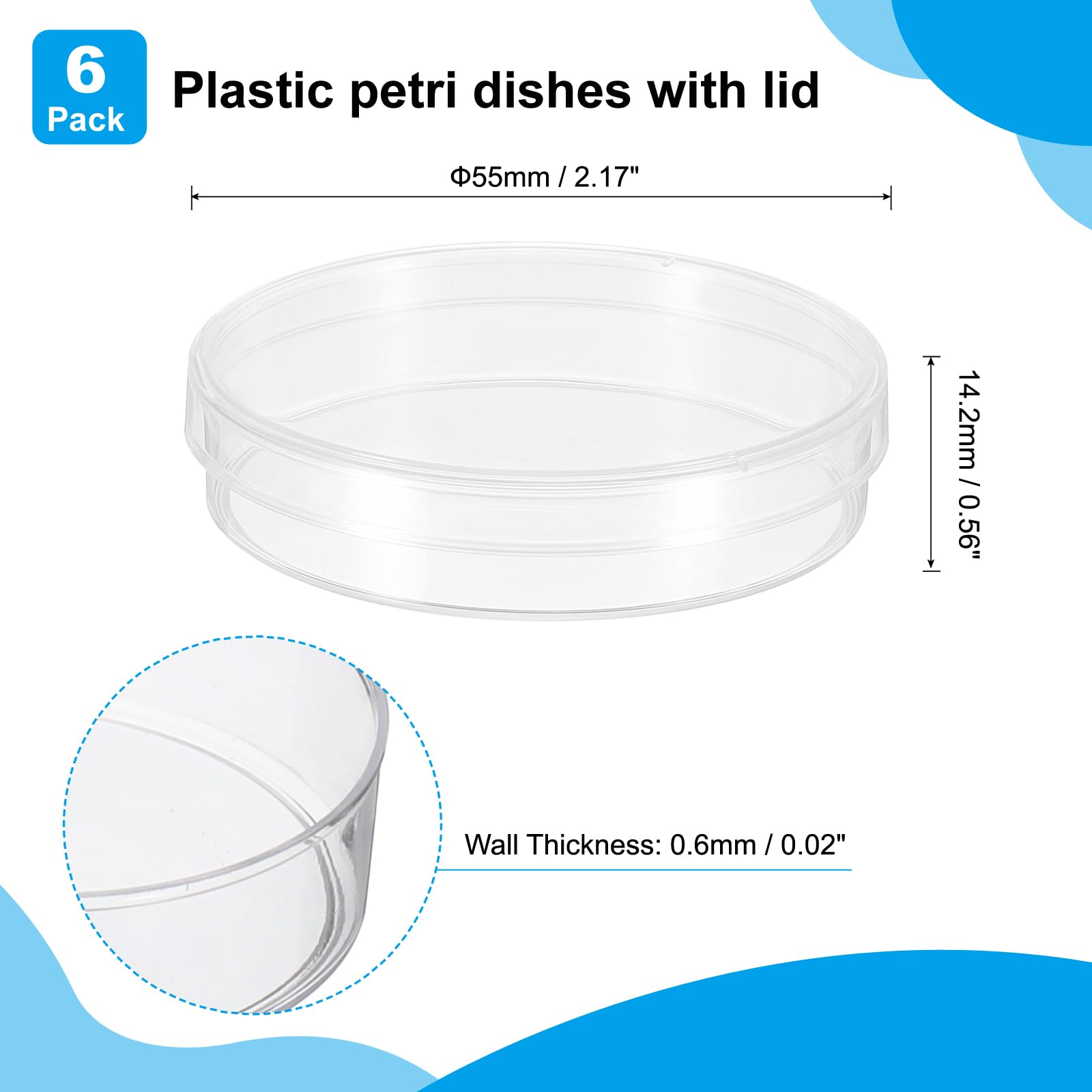 55mm Clear Plastic Petri Dishes with Lid - 6 Pack Lab-Grade Tissue Culture Plates for Science Experiments | Ideal for Microbiology, Cell Culture & Classroom STEM Projects