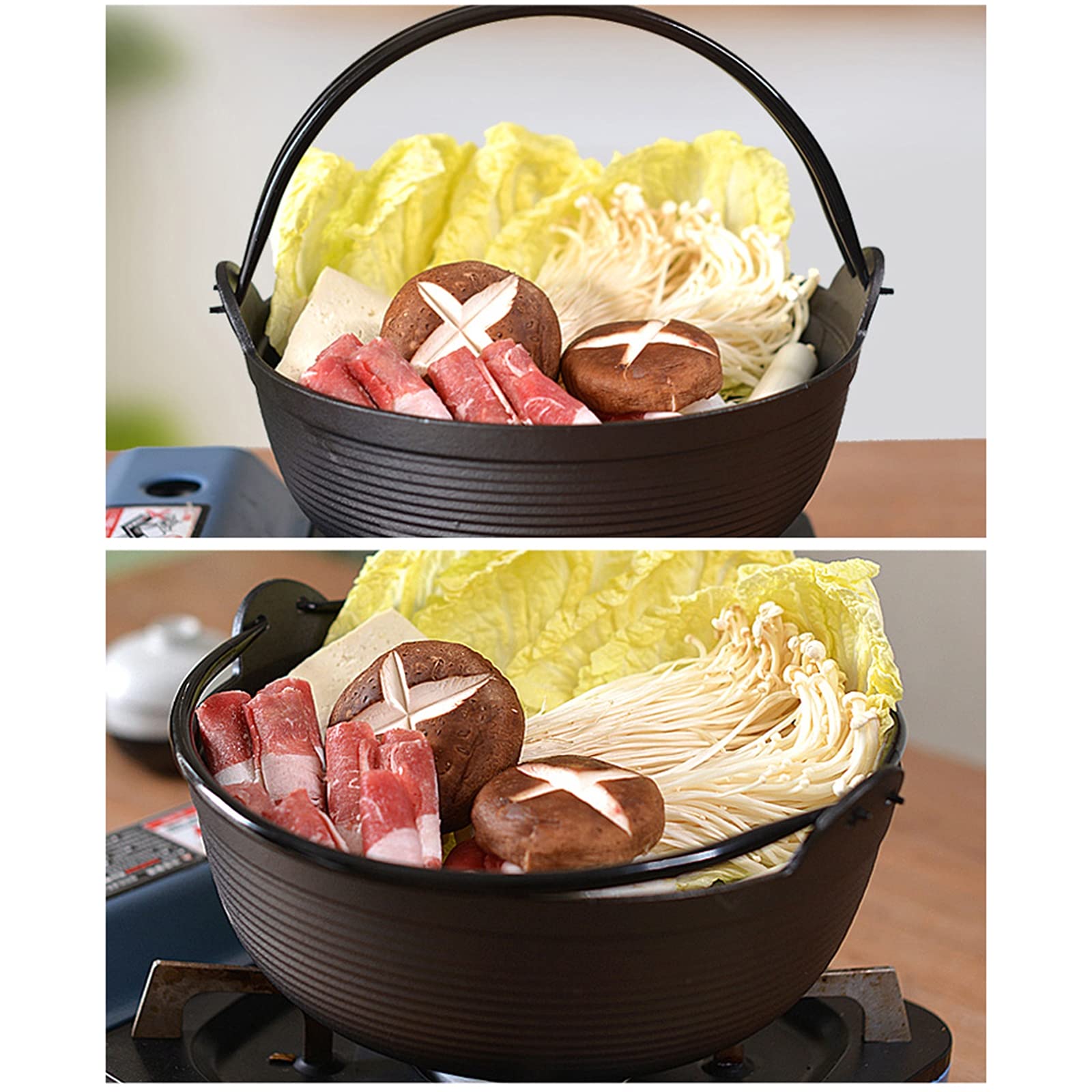 AIZYR Japanese Style Cast Iron Shabu Shabu & Sukiyaki Hot Pot with Wooden Lid - 27cm Nabe Pot for Noodles, Meat & Vegetables - Perfect for Home Cooking & Restaurant Use - Ideal for Family Dinners, Party Gatherings & Asian Cuisine Lovers