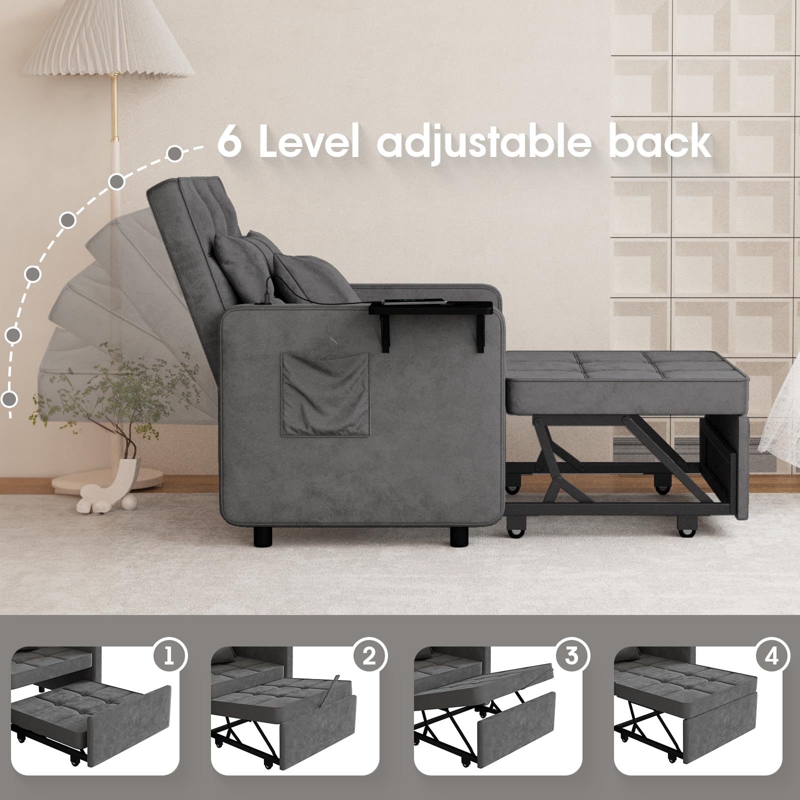 3-in-1 Convertible Velvet Sofa Bed Chair with Wing Table & USB Ports - Adjustable Backrest Sleeper Couch with 2 Pillows - Dark Grey for Living Room, Bedroom & Small Space