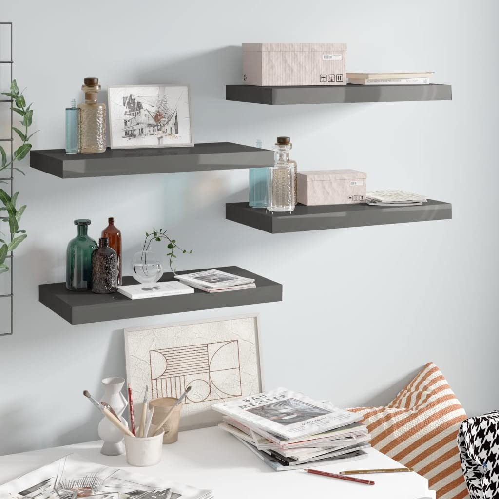 Homvdxl Floating Shelves Set of 4 - Wall Mounted Shelves with Invisible Brackets for Books, Plants & Decor - Perfect for Bedroom, Bathroom, Living Room, Entryway & Hallway - Grey High Gloss Finish (19.7 x 9.1 Inches) - Ideal for Home Organization & Stylish Display