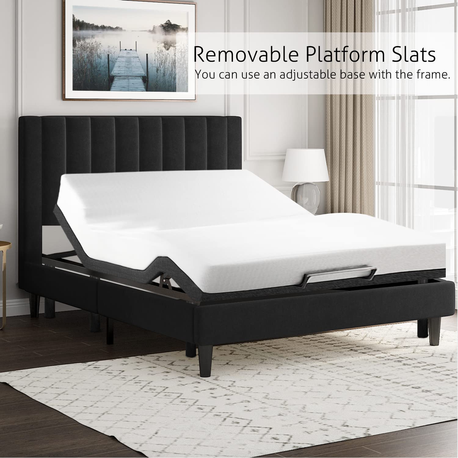 Luxury SHA CERLIN King Size Bed Frame - Velvet Upholstered Platform Bed with Headboard | Solid Wood Slat Support | No Box Spring Required | Perfect for Master Bedroom & Guest Room (Black)