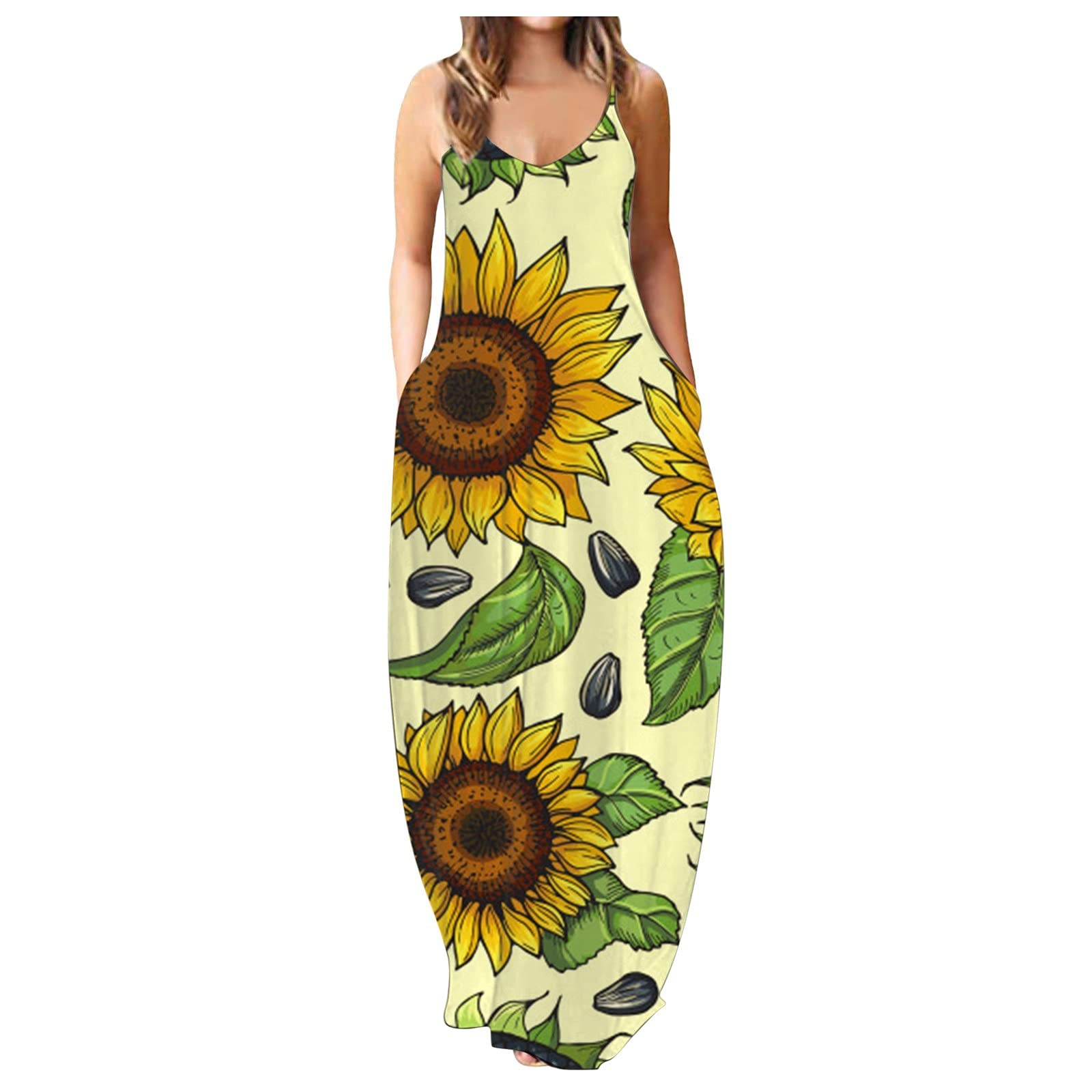 Sunflower Print Sleeveless Maxi Dress for Women - Plus Size Floral O-Neck Pullover Long Dress for Summer, Beach, Vacation & Casual Wear