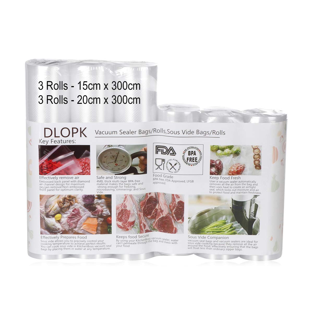DLOPK Vacuum Sealer Bags 6 Pack - 15x300cm & 20x300cm Food Vacuum Storage Bags for Sous Vide, Food Saver Machines | Airtight Freezer Bags for Meal Prep, Long-Term Food Storage & Kitchen Organization