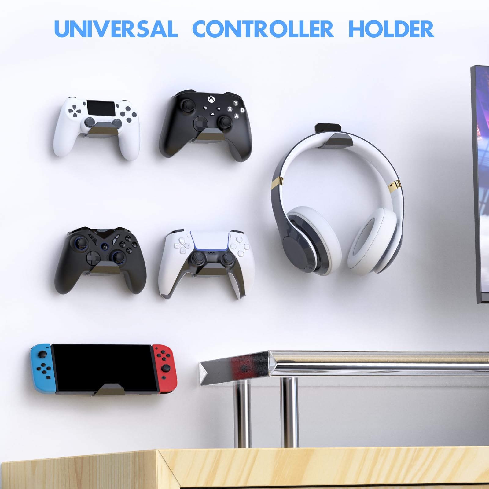 Universal Controller Wall Mount Holder for PS5 Pro/Slim, Nintendo Switch - Strong Adhesive & Screw Mount Headset Hanger Hook - 6 Pack - Perfect for Gaming Room Organization & Headphone Storage