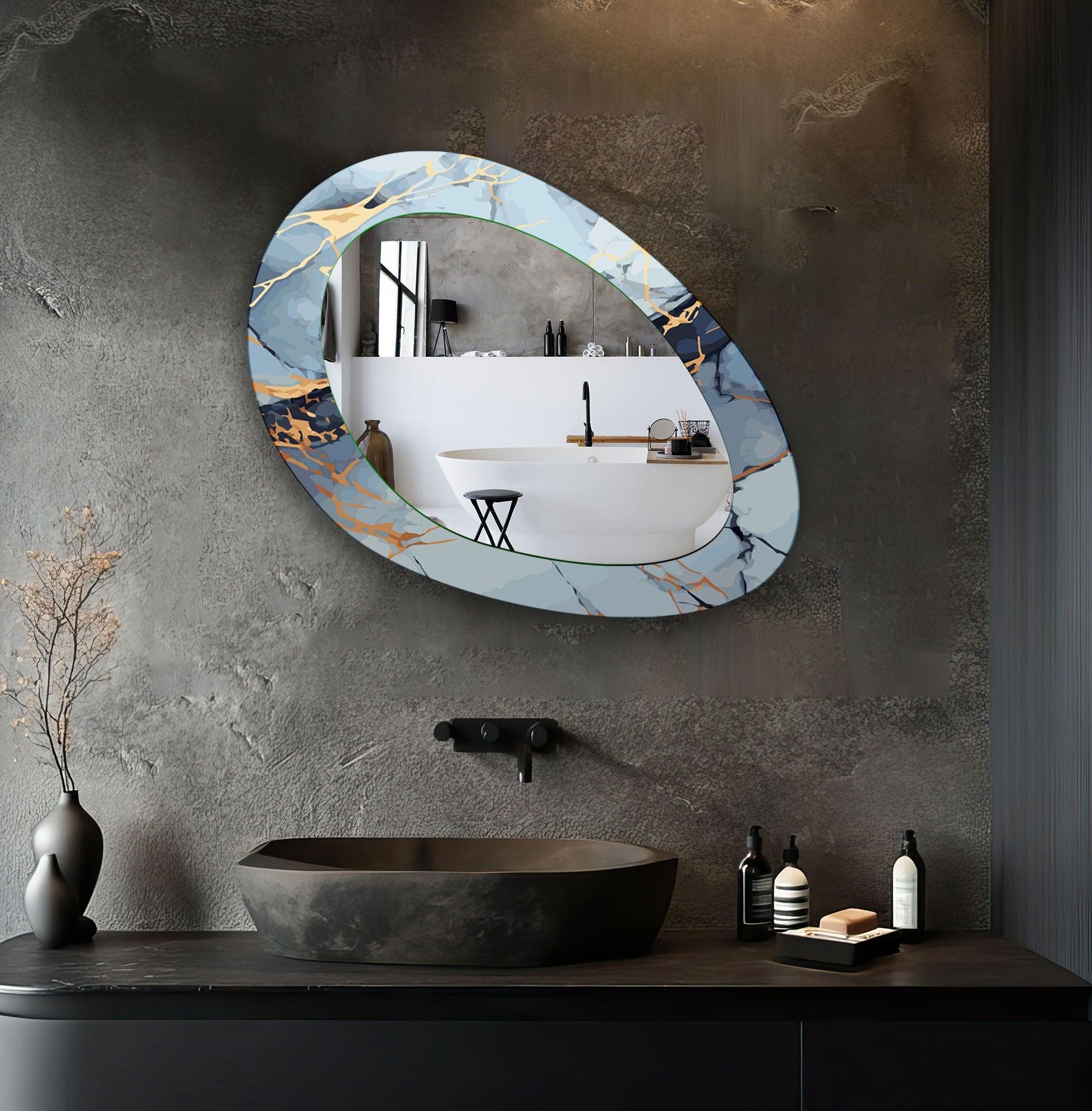 Blue Abstract Mirror - Asymmetrical Small Wall Mirror for Living Room, Bedroom & Bathroom Decor