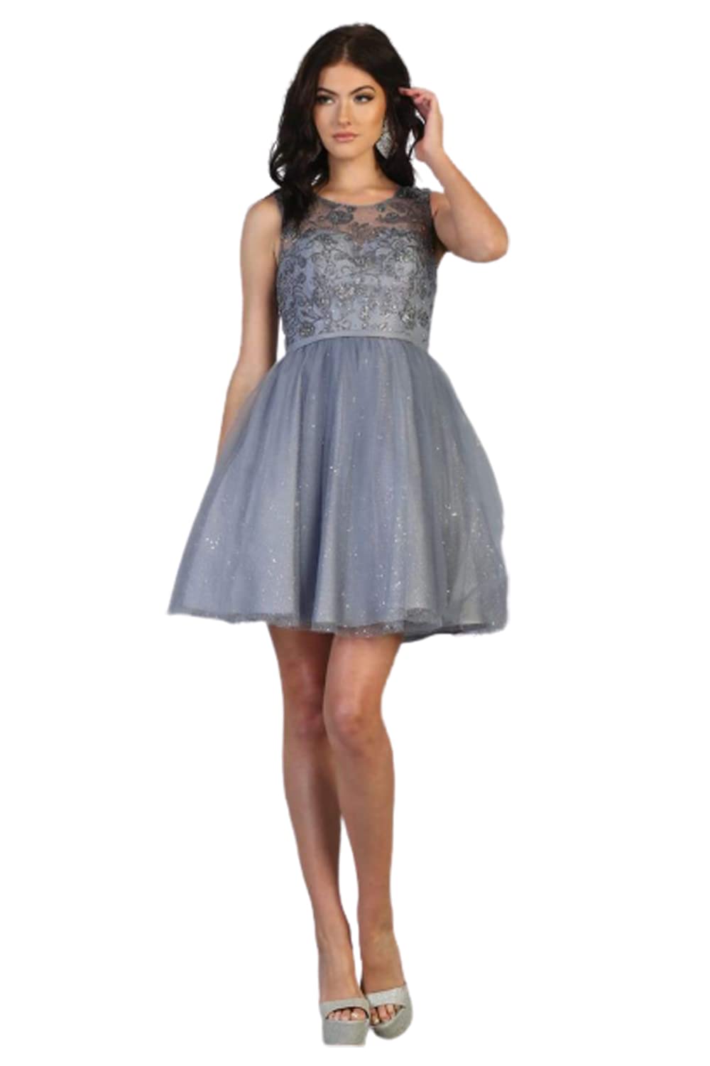 Sparkly Dusty Blue Bridesmaid Dresses for Weddings & Formal Events - Elegant Long Chiffon Gowns with Glitter Details