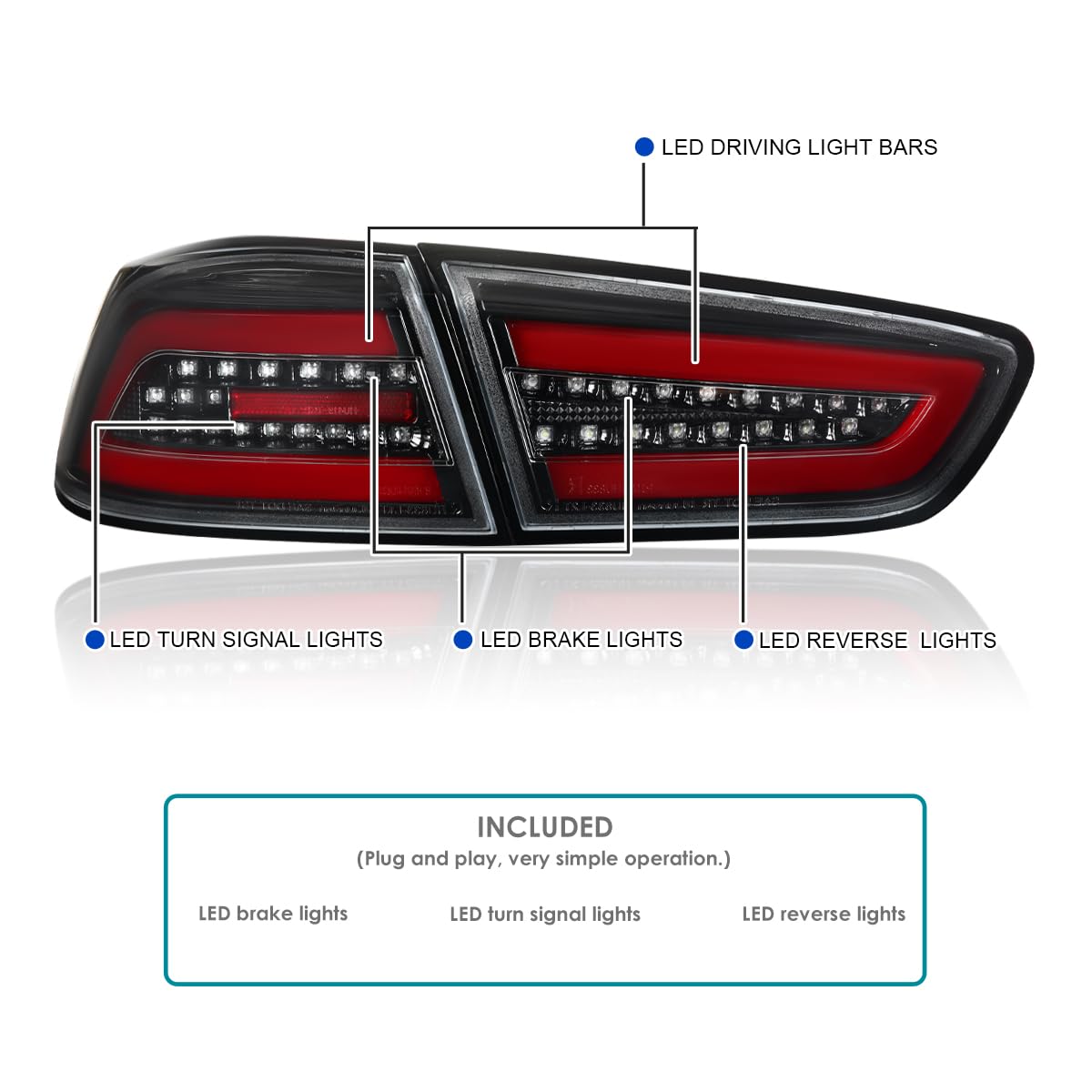 Spec-D Tuning Jet Black Housing Red LED Tail Lights for 2008-2017 Mitsubishi Lancer & 2008-2015 Lancer Evolution - Left & Right Pair Assembly - Upgrade Your Car's Rear Style for Night Driving & Car Shows