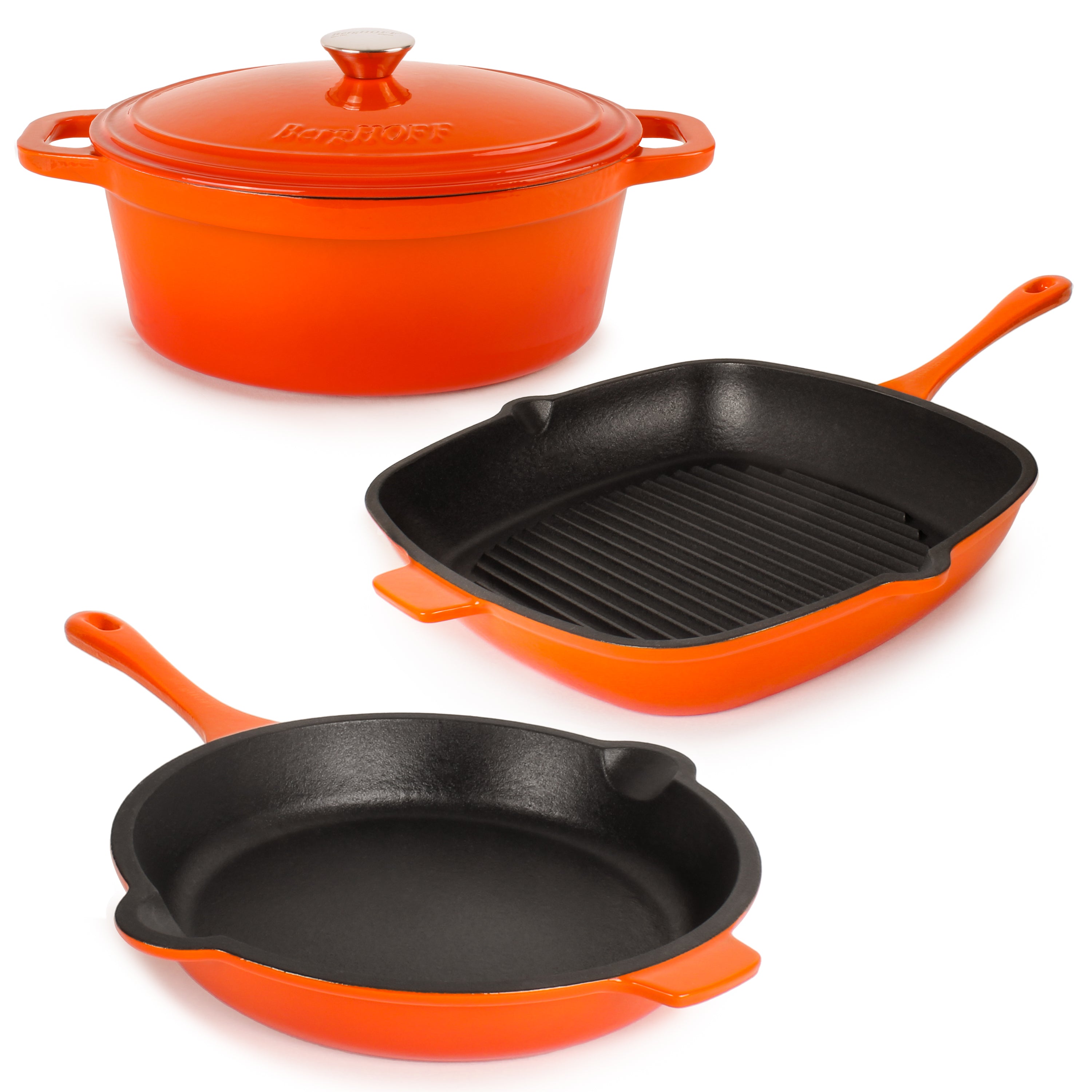 BergHOFF Neo 4-Piece Cast Iron Cookware Set - Grill Pan, Fry Pan & Oval Dutch Oven, Orange | Premium Kitchen Cookware for Grilling, Frying & Braising | Ideal for Stovetop, Oven & Outdoor Cooking