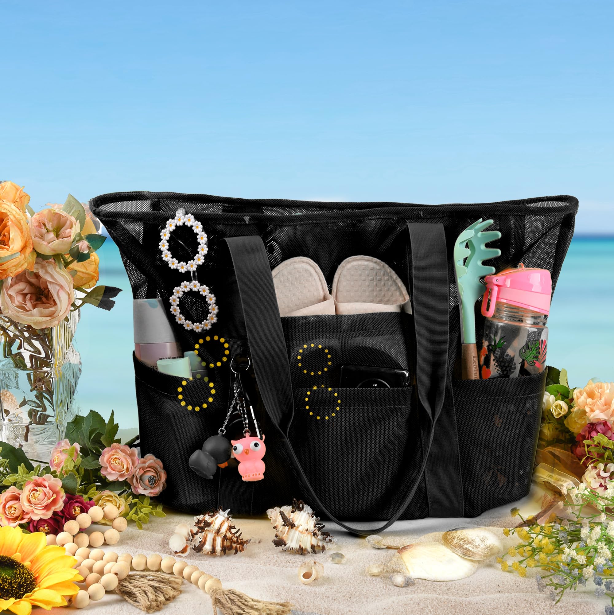 **Large Zippered Beach Tote Bag with 8 Pockets - Lightweight Mesh Sandproof Foldable for Toys, Towels & Essentials - Perfect for Pool, Travel & Outdoor Adventures**