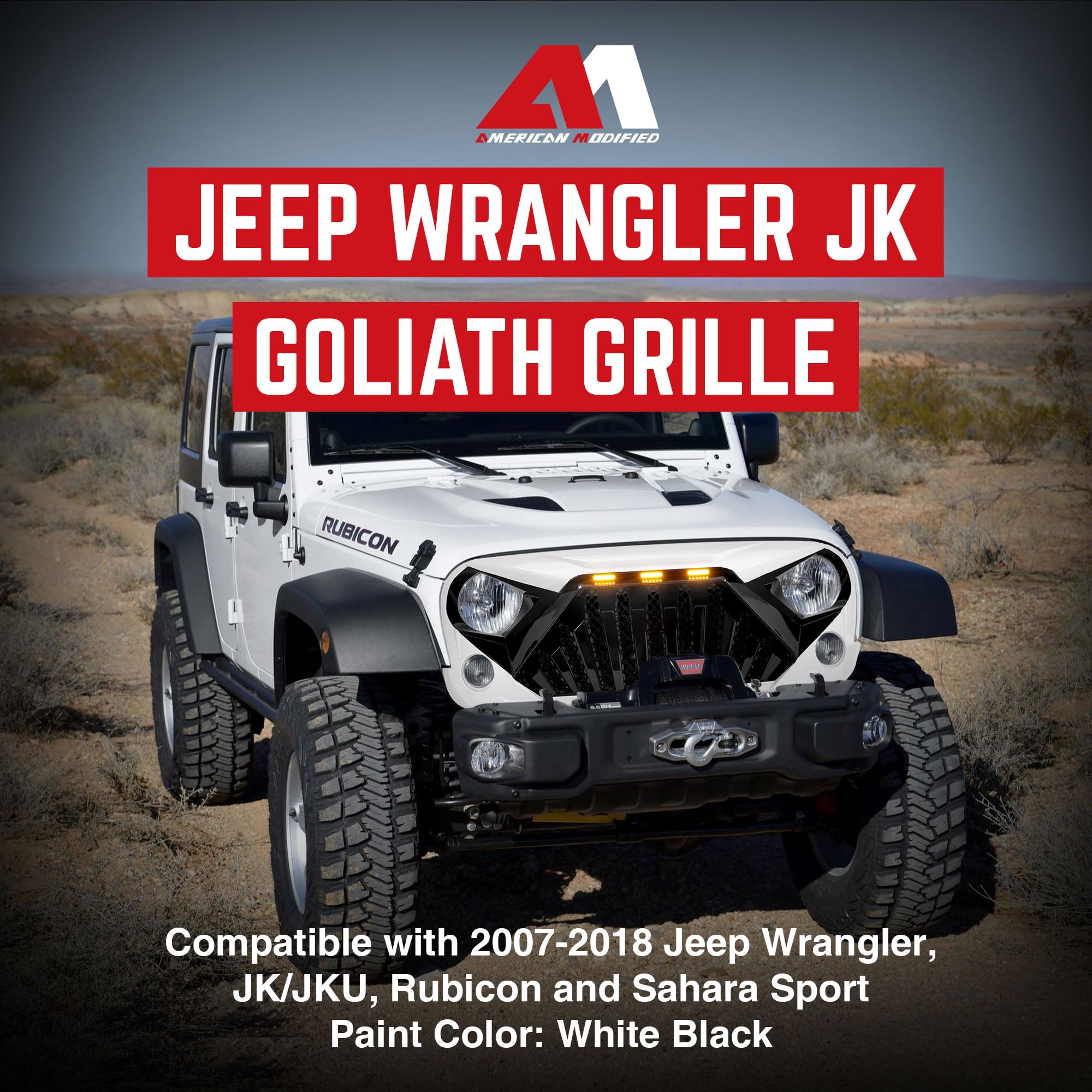 AM Heavy Duty Aggressive Goliath Grille for 2007-2018 Jeep Wrangler JK with LED Amber Running Lights - White/Black | Off-Road Upgrade & Custom Styling for Jeep Enthusiasts