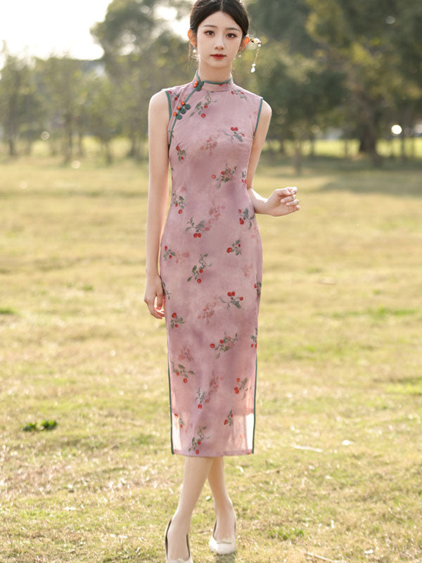 Elegant Pink Floral Sleeveless Cheongsam Qipao Dress for Women - Vintage Chinese Style Summer Dress for Parties, Weddings & Special Occasions