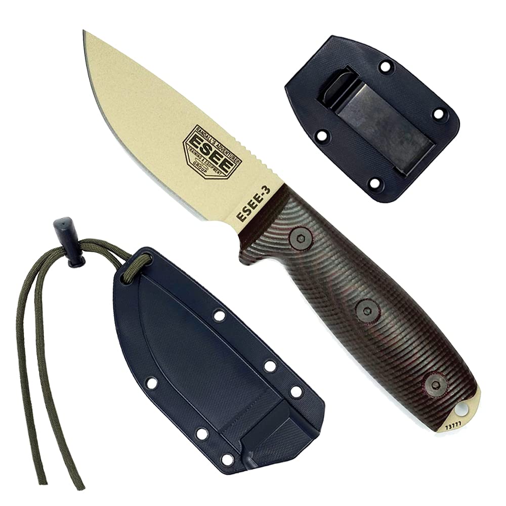 ESEE-3 Fixed Blade Knife with 3D Contoured Handle - 1095 Carbon Steel Survival Knife - Black Ambidextrous Sheath - Made in USA - Perfect for Camping, Hunting & Outdoor Adventures
