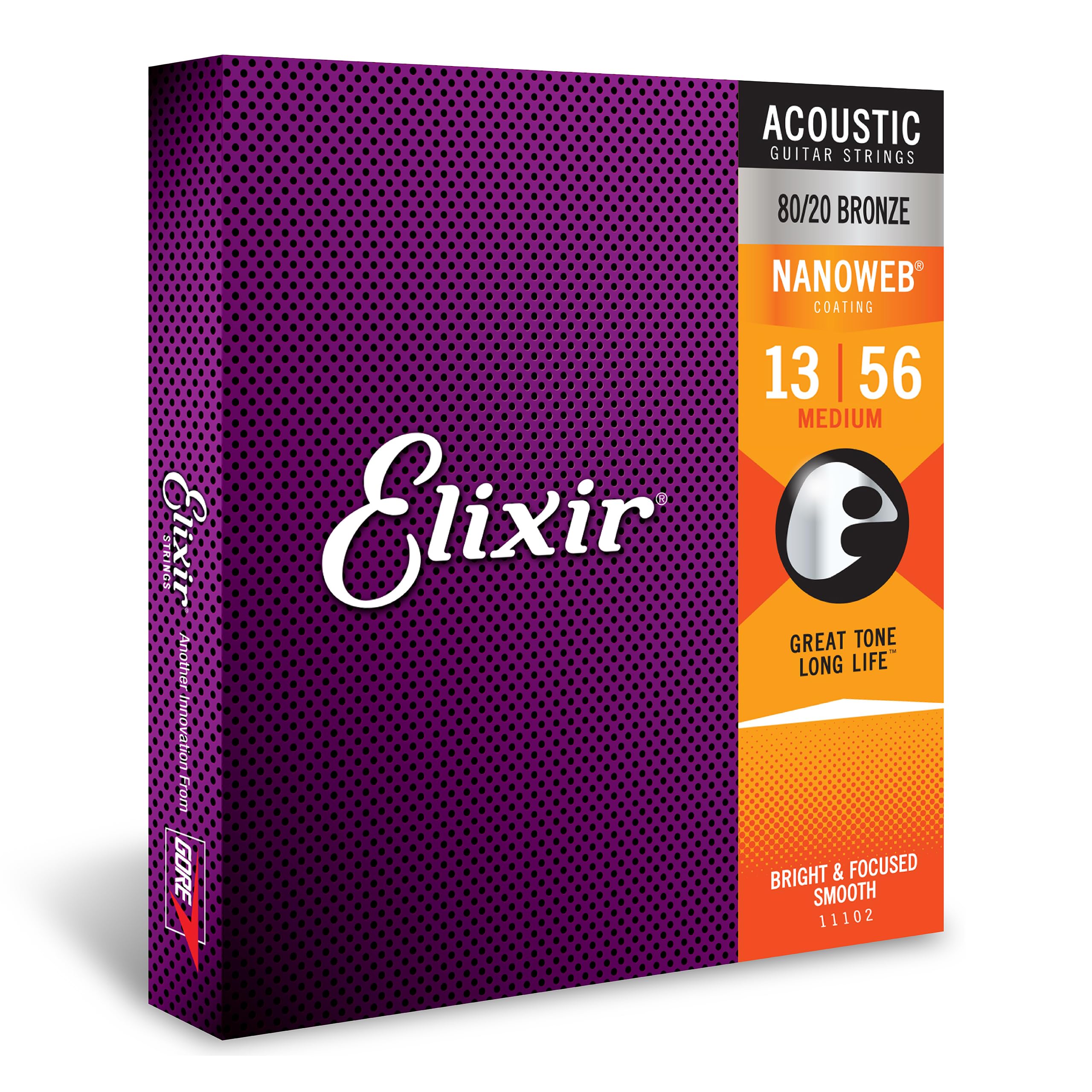 Elixir 80/20 Bronze Acoustic Guitar Strings with NANOWEB Coating - 6 String Set, Medium 13-56 - Long-Lasting Bright Tone & Comfortable Feel for Stage & Studio Performance