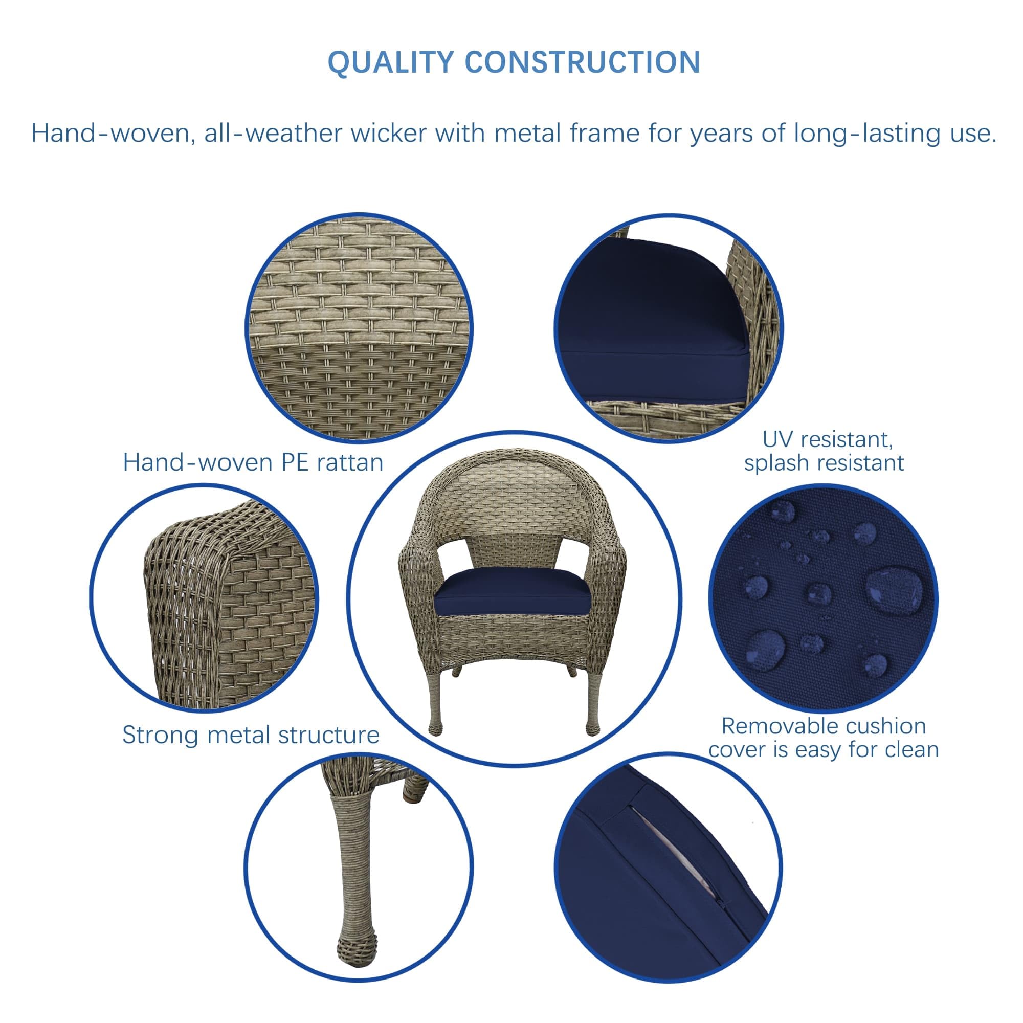 Jeco W00402G_2-FS011 Set of 2 Outdoor Resin Wicker Patio Chairs with Grey Frame & Midnight Blue Cushions - Perfect for Poolside, Garden, or Balcony Relaxation