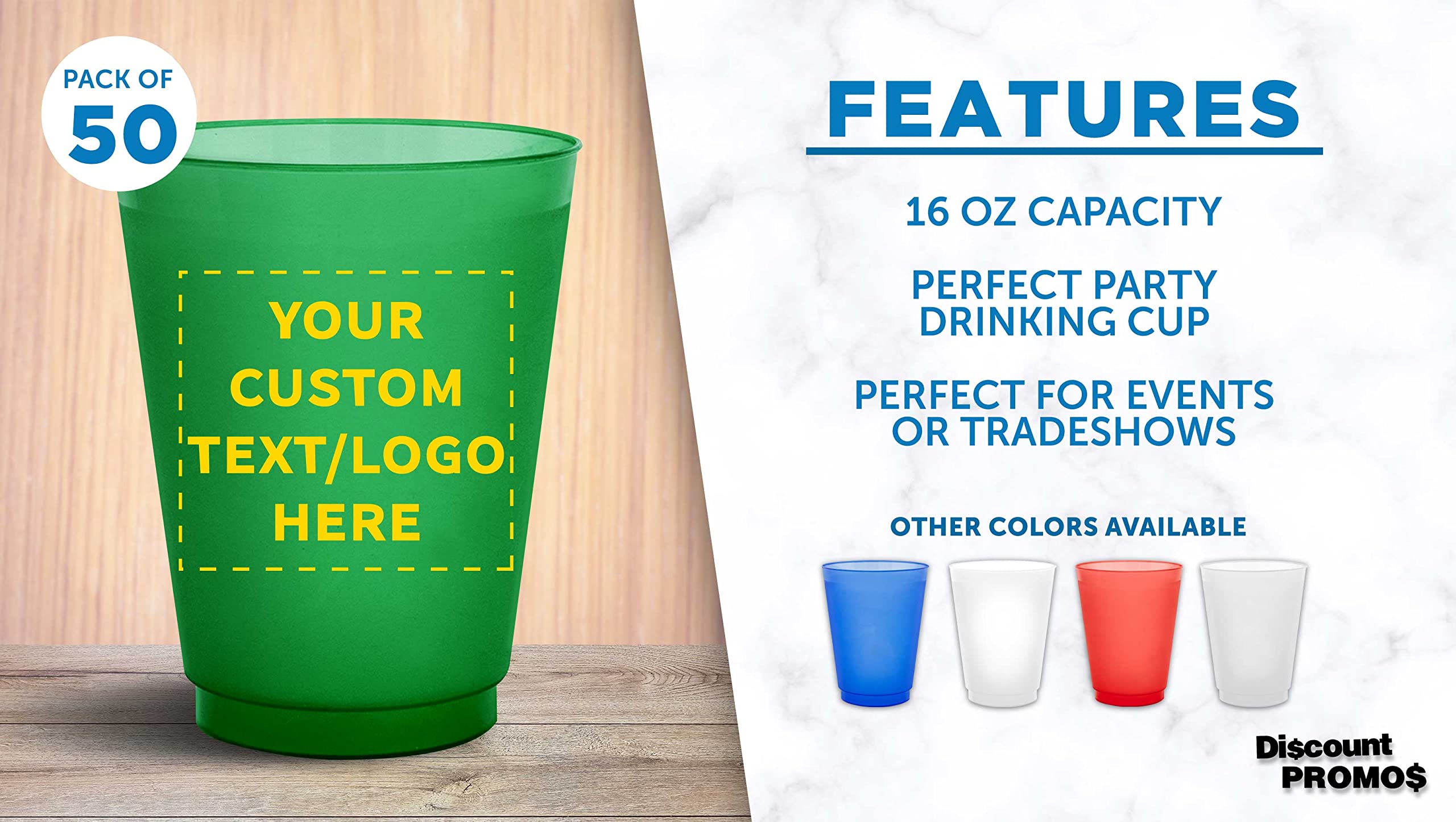 Custom Printed 16 oz Frosted Plastic Stadium Cups - 50 Pack, Shatterproof & Reusable with Promotional Text/Logo - Perfect for Parties, Tailgating, and Outdoor Events (Green)