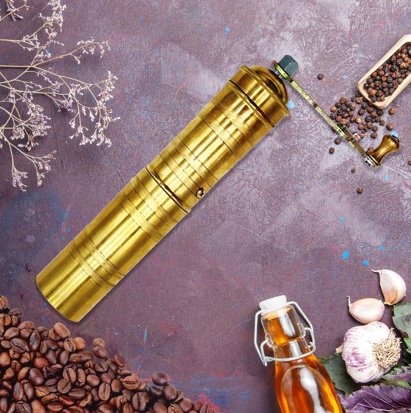 Premium Handmade 9 Inch Brass Manual Coffee Grinder & Pepper Mill - Adjustable Coarse to Fine Grind for Fresh Coffee Beans & Peppercorns - Turkish Style with Ergonomic Handle & Refillable Design - Perfect for Home Brewing, Camping & Gourmet Cooking