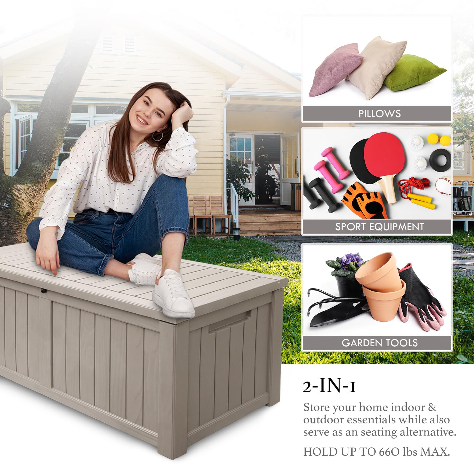 120 Gallon Outdoor Storage Box - Waterproof Resin Deck Box with Lock | Large Patio Storage Container for Furniture, Cushions, Garden Tools & Pool Supplies | Durable Taupe Deck Box for Backyard, Poolside & Garage Organization
