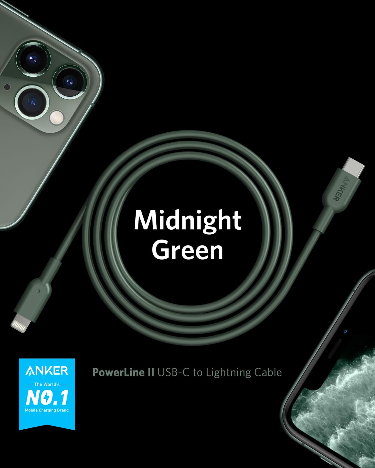 Anker USB C to Lightning Cable 6ft MFi Certified Fast Charging Cable for iPhone 13/12/11/X/8 - Midnight Green | PD Supported | Durable Nylon Braided | Perfect for Home, Office & Travel Charging