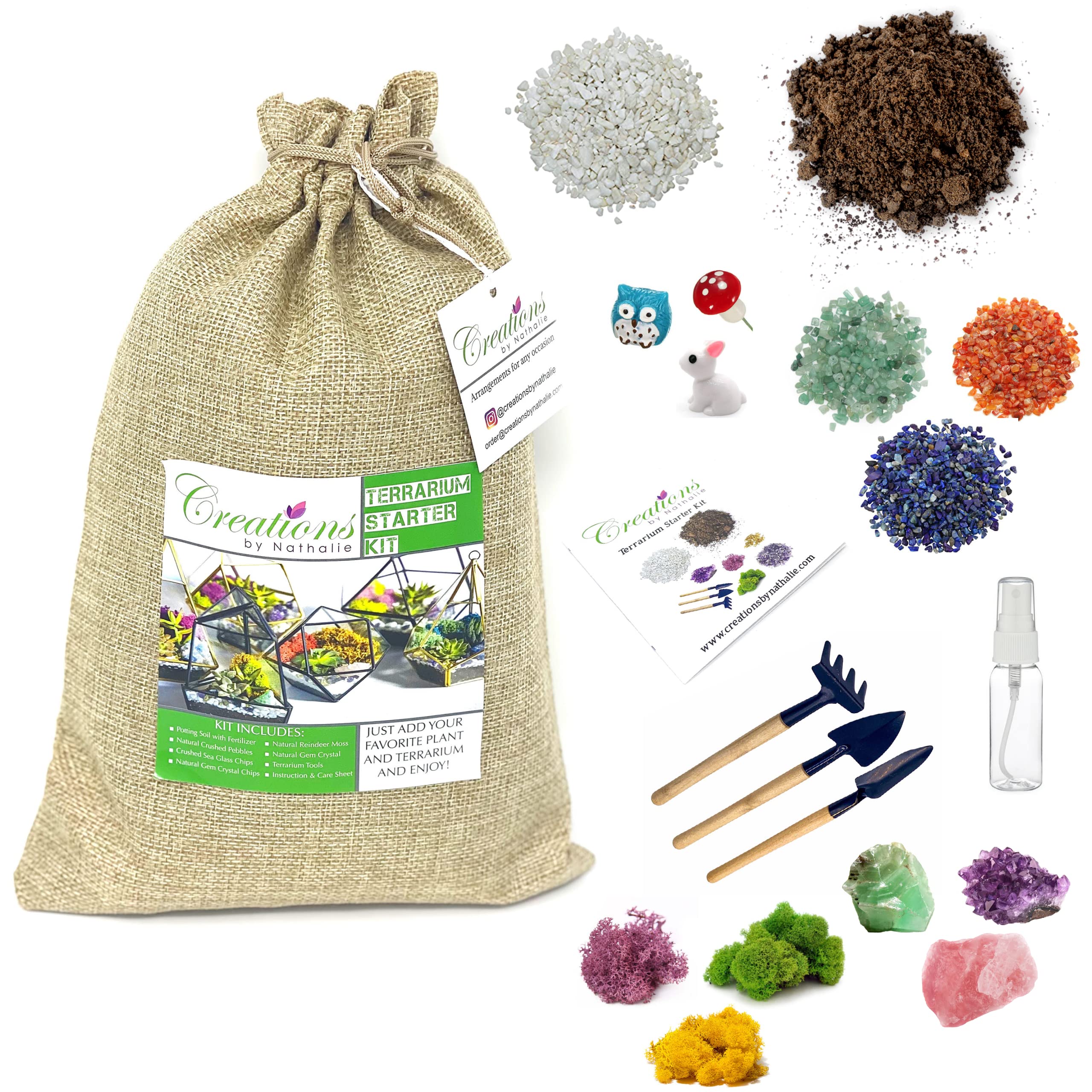 DIY Succulent, Cactus & Air Plant Terrarium Kit with Soil, Moss, Pebbles, Tools & Amethyst Gem - Large Handmade Glass Terrarium for Home Decor, Office Desk or Gift - Made in USA