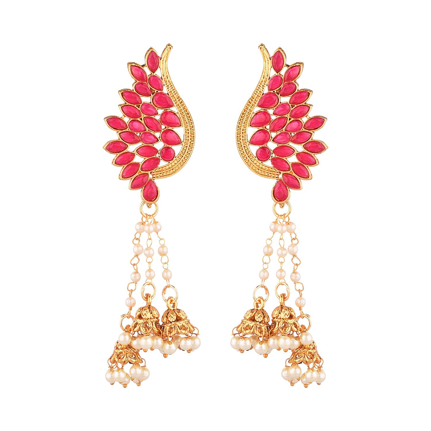 Efulgenz Indian Crystal Leaf Faux Pearl Tassel Jhumki Earrings Set for Women - Boho Dangle Earrings for Party, Wedding & Festival Jewelry